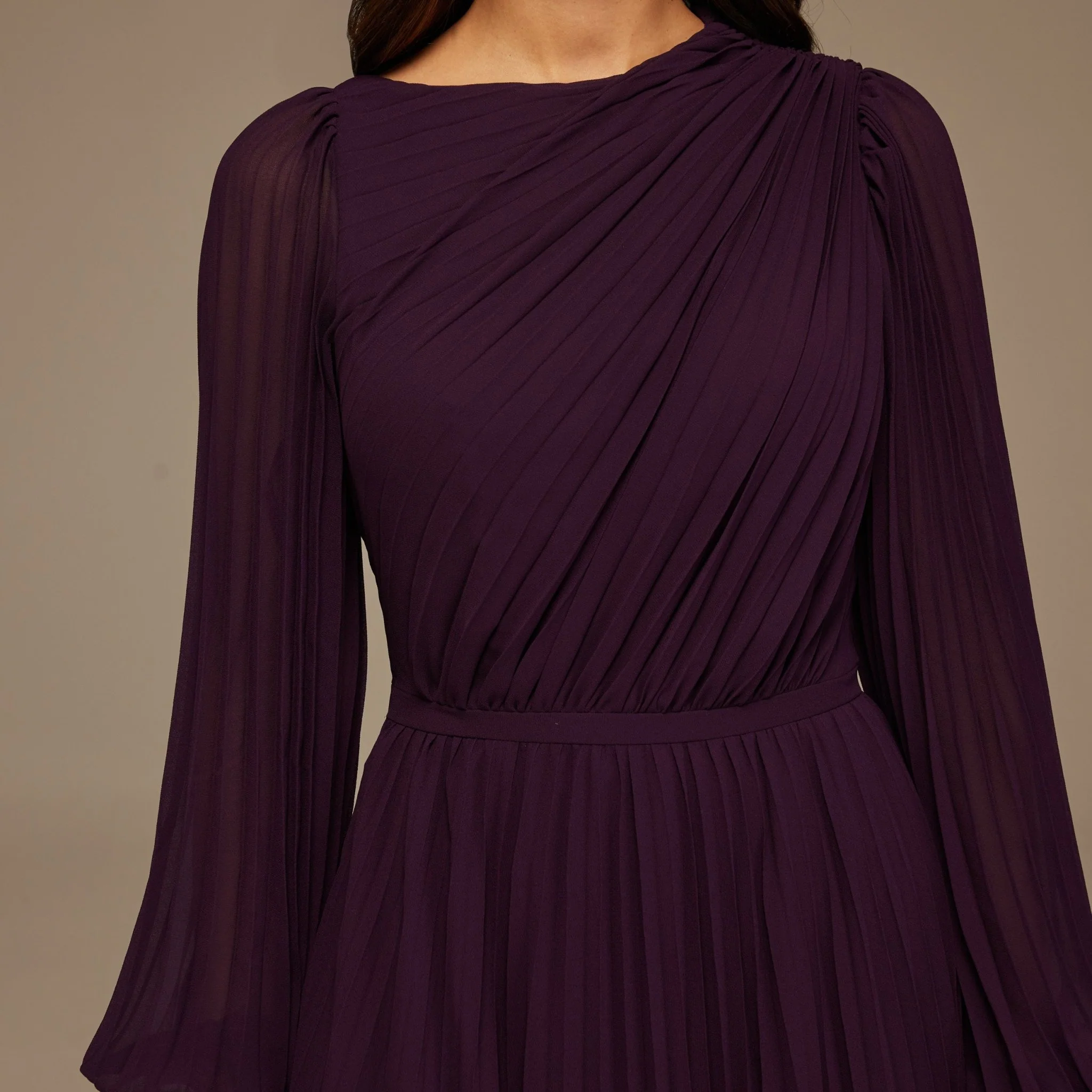 Dark Purple Pleated Long Sleeve Maxi Dress - Image 3