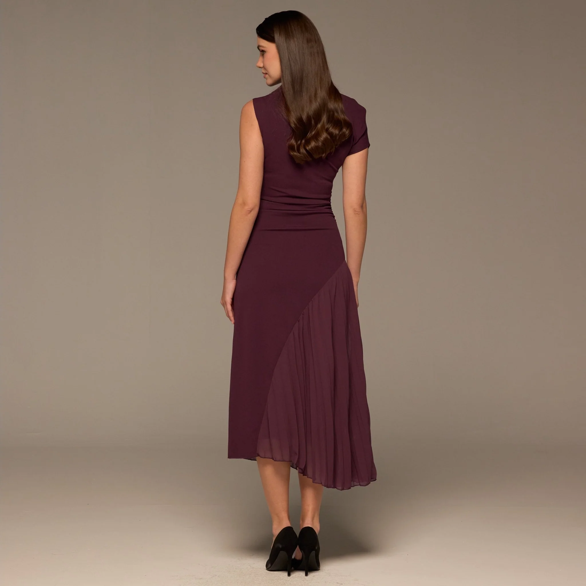 Plum Crepe & Chiffon Asymmetric Midi Dress - Image 4