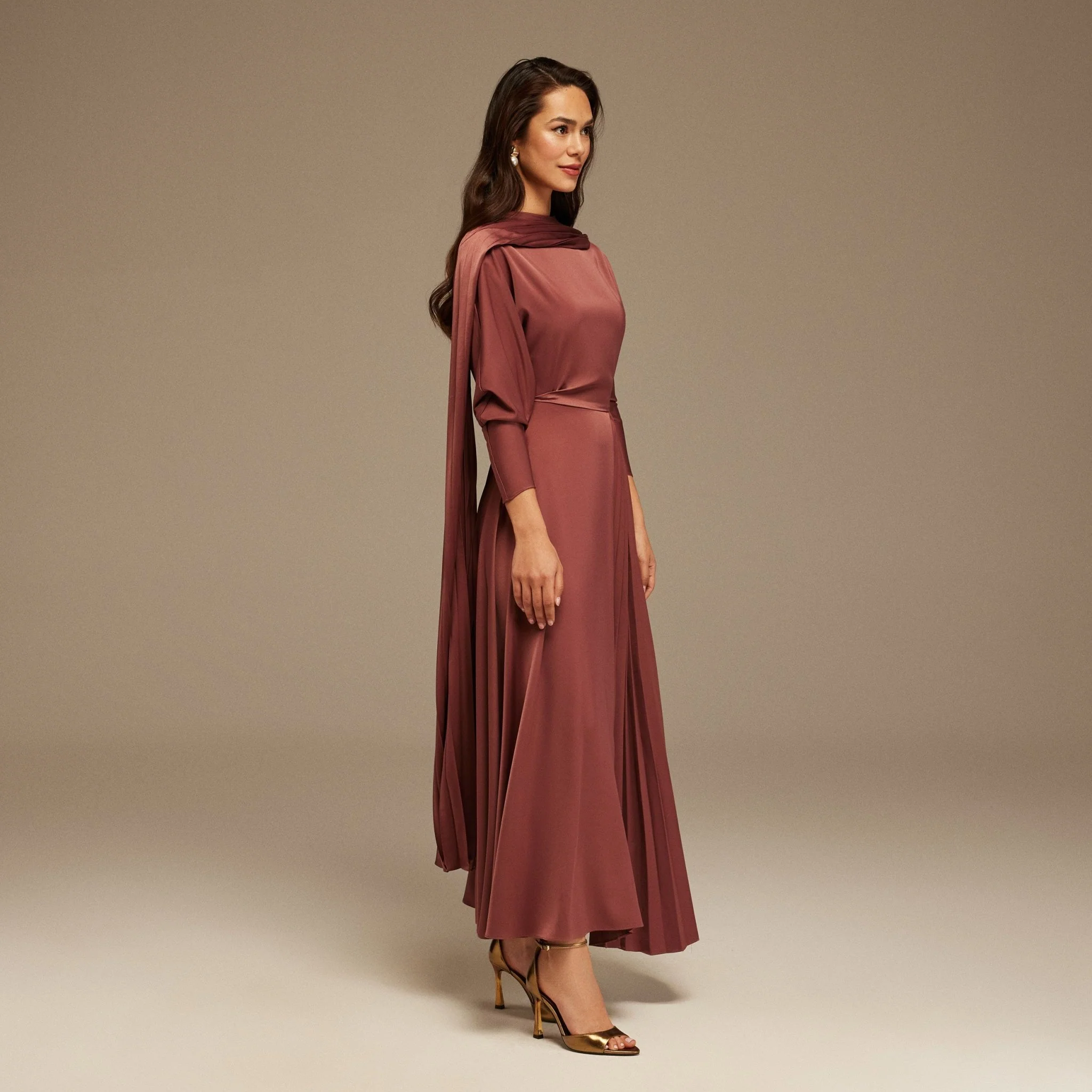 Muted Clay Long Sleeve Midi Dress With Scarf - Image 2