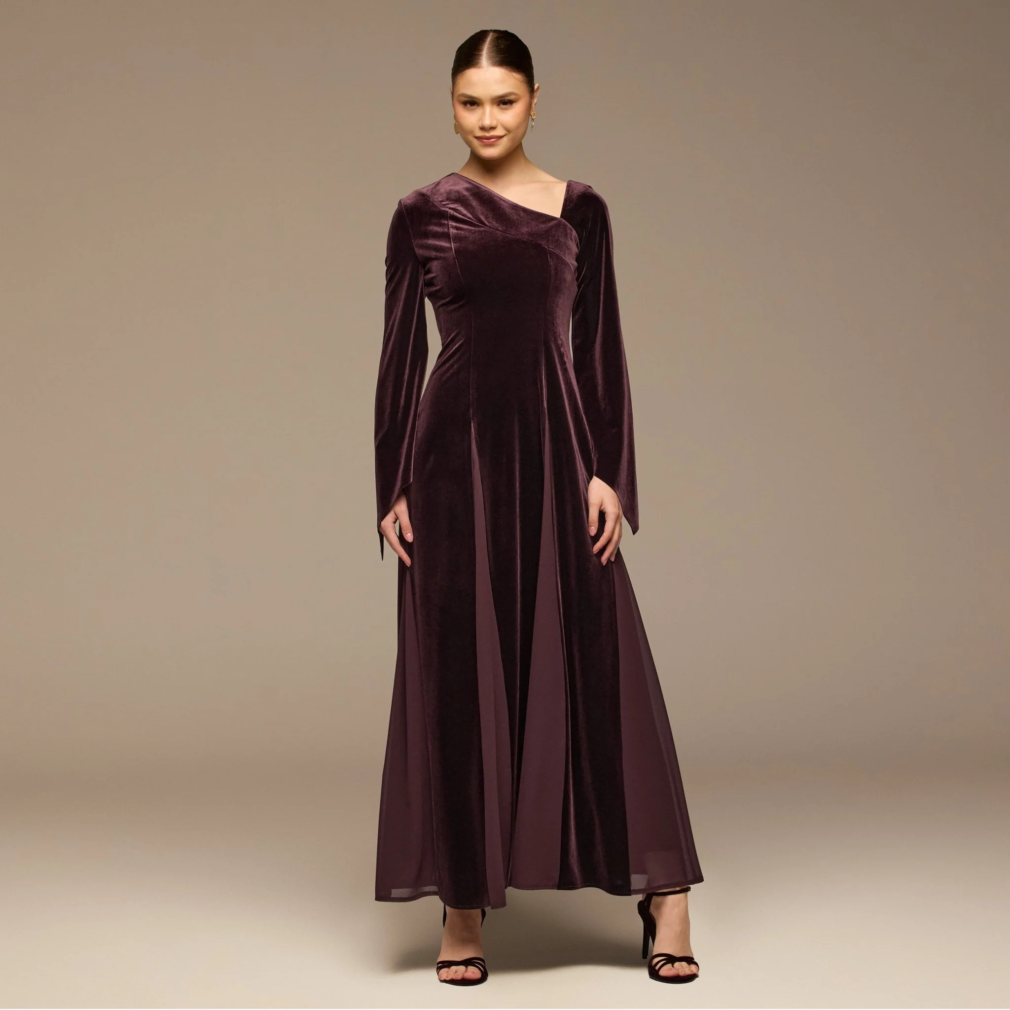 Plum Velvet Chiffon One-Shoulder Maxi Dress