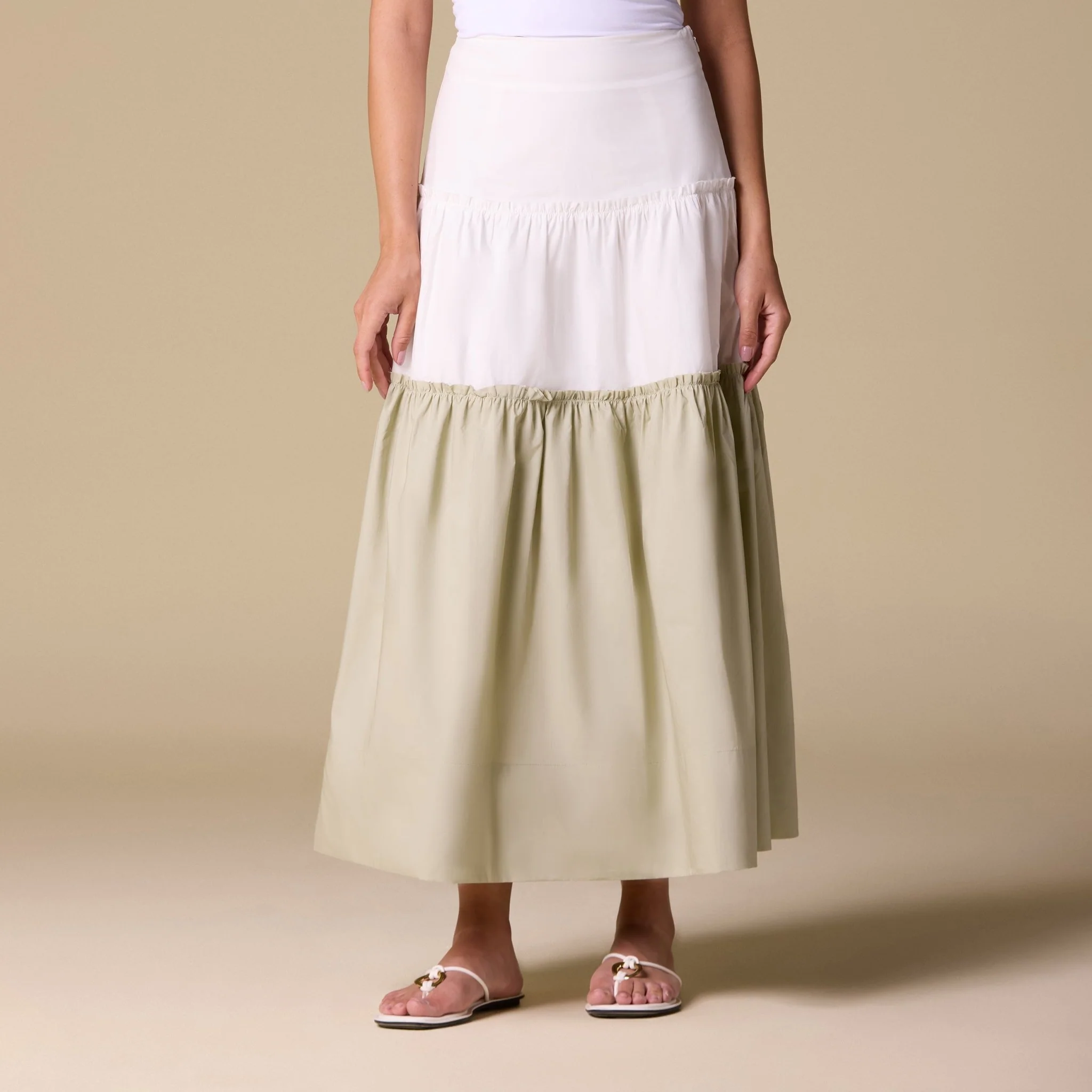 White & Green Poplin A-Line Maxi Skirt