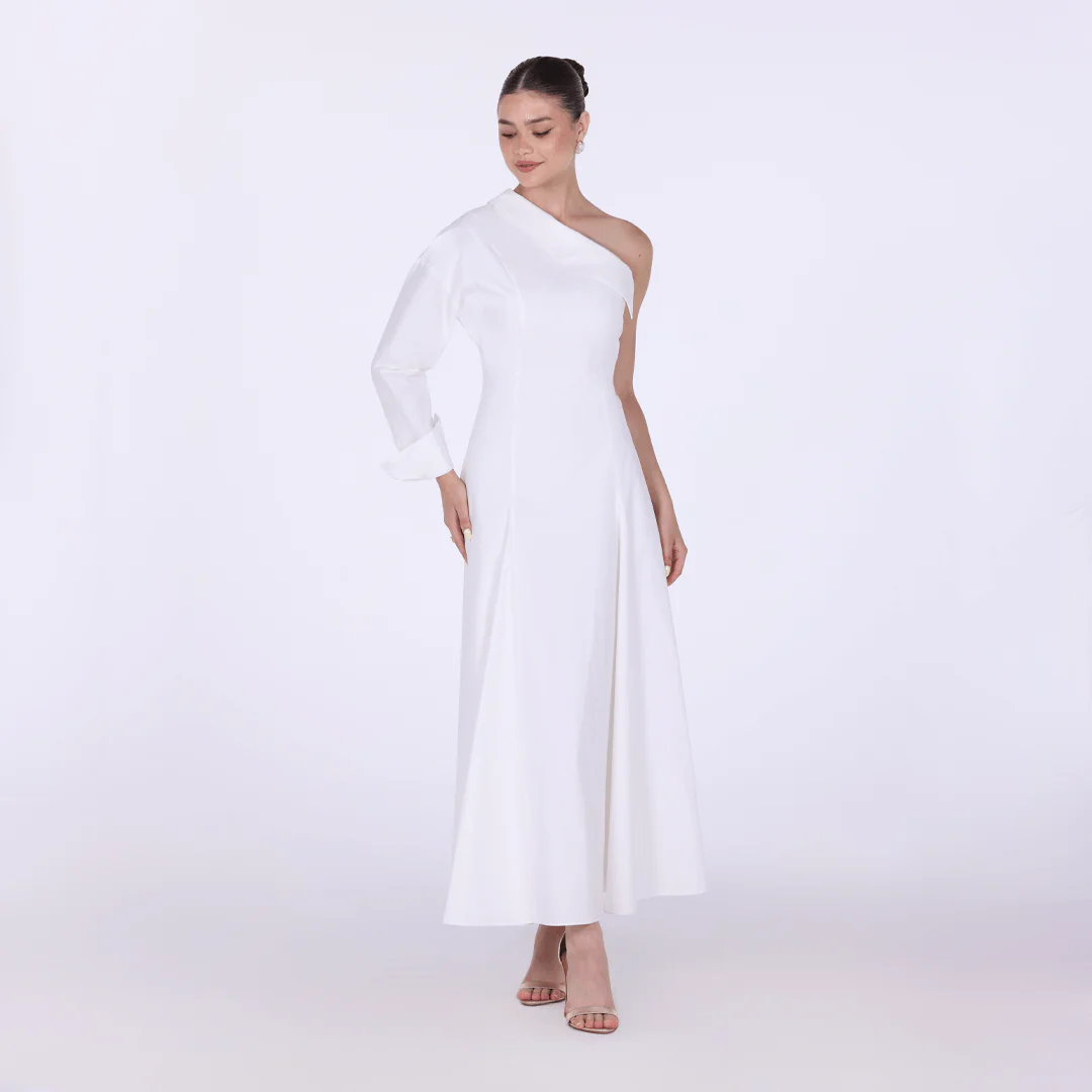 Poplin One-Shoulder Midi Shirt Dress with Side Cord