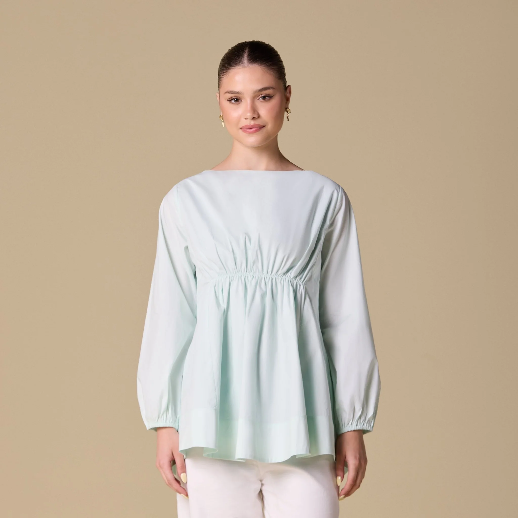 Light Mint Green Poplin Puff Sleeves Top with Boat Neck