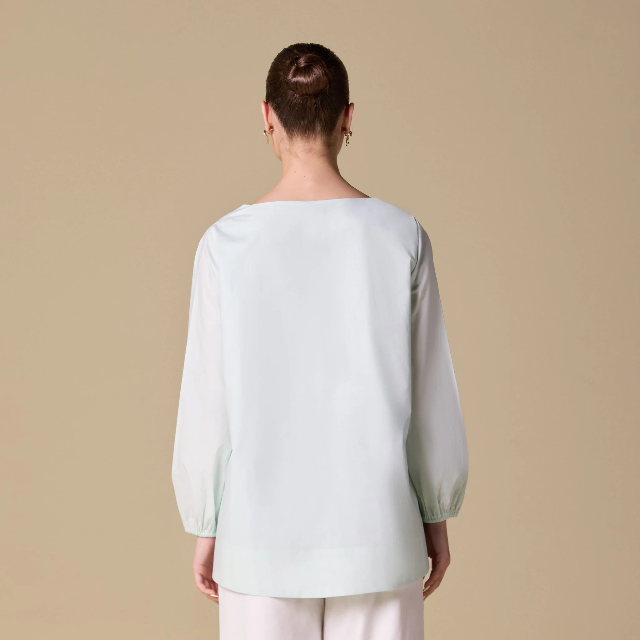 Light Mint Green Poplin Puff Sleeves Top with Boat Neck - Image 2