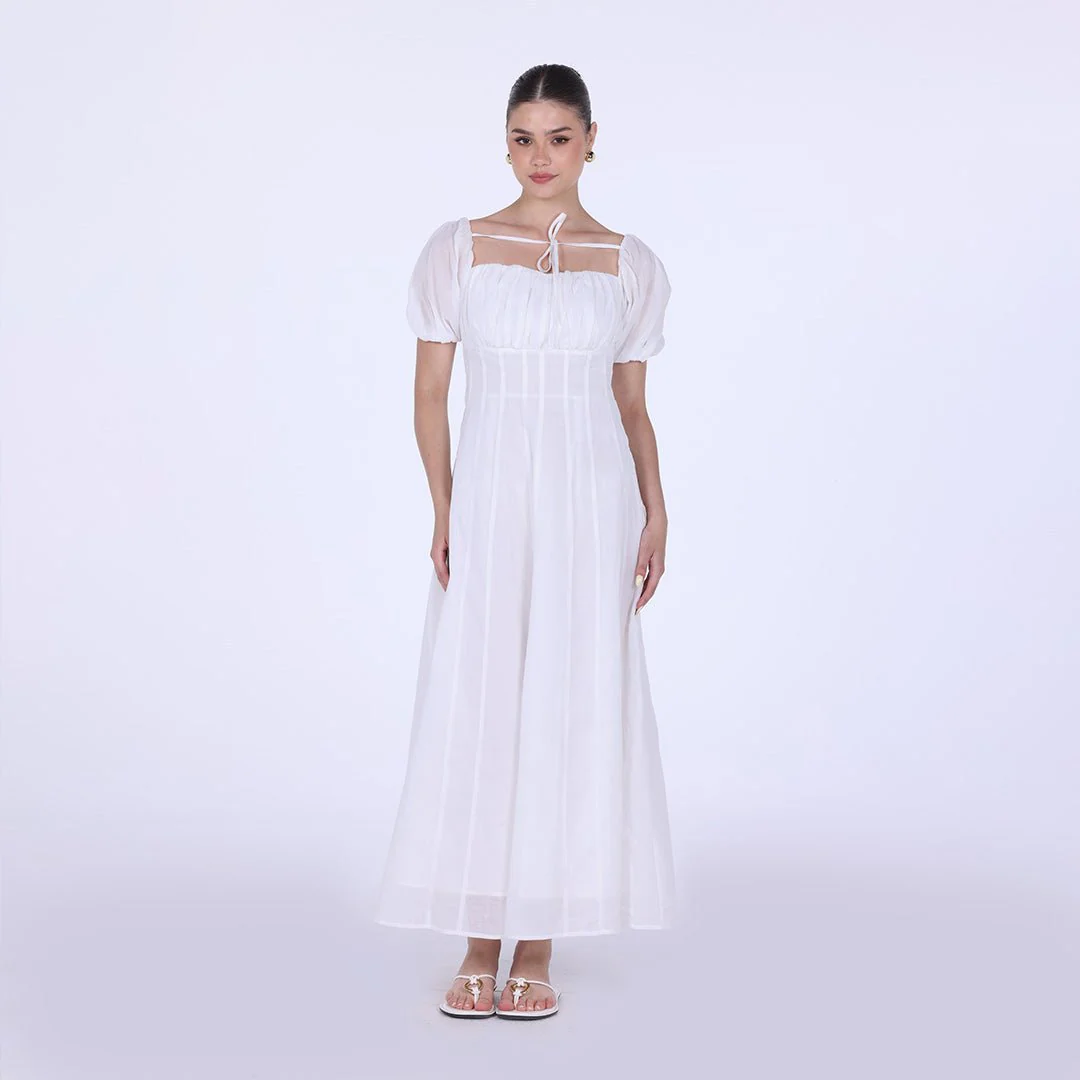 White Puff Short Sleeve Maxi Dress
