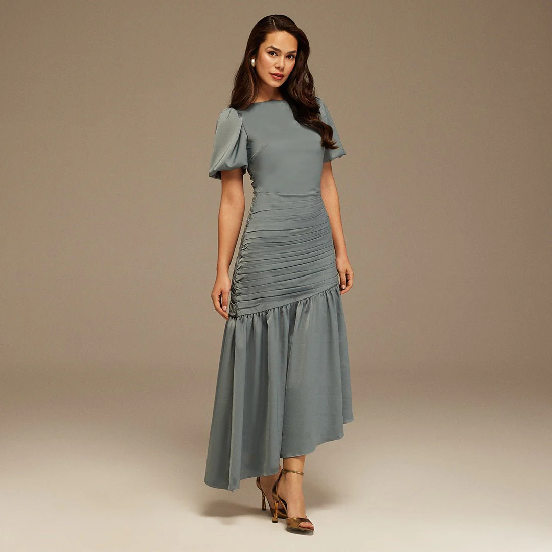 Grayish Blue Puff Short Sleeves With Asymmetrical Hem Dress - Image 2