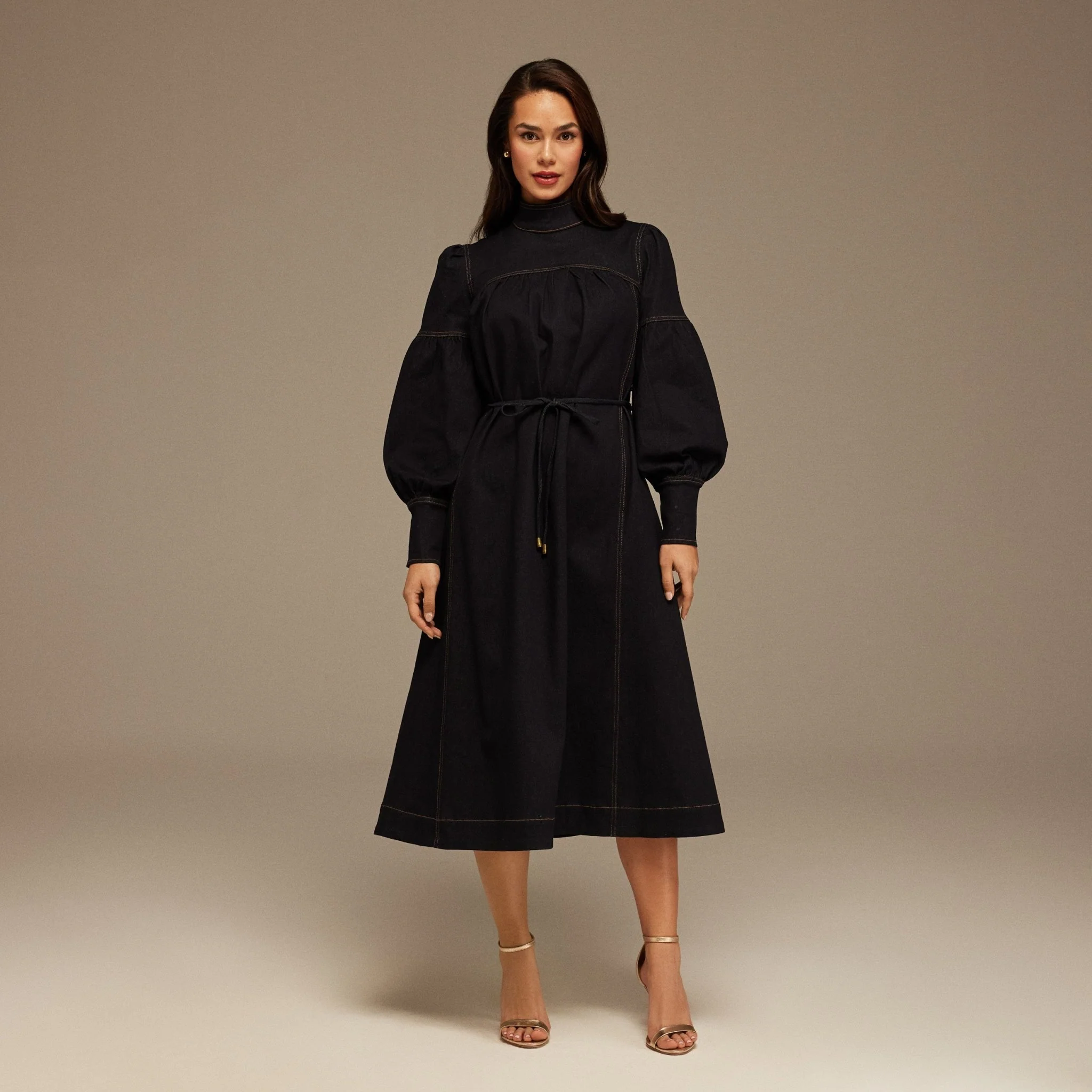 Denim Puff Sleeve Tie Neck Midi Dress