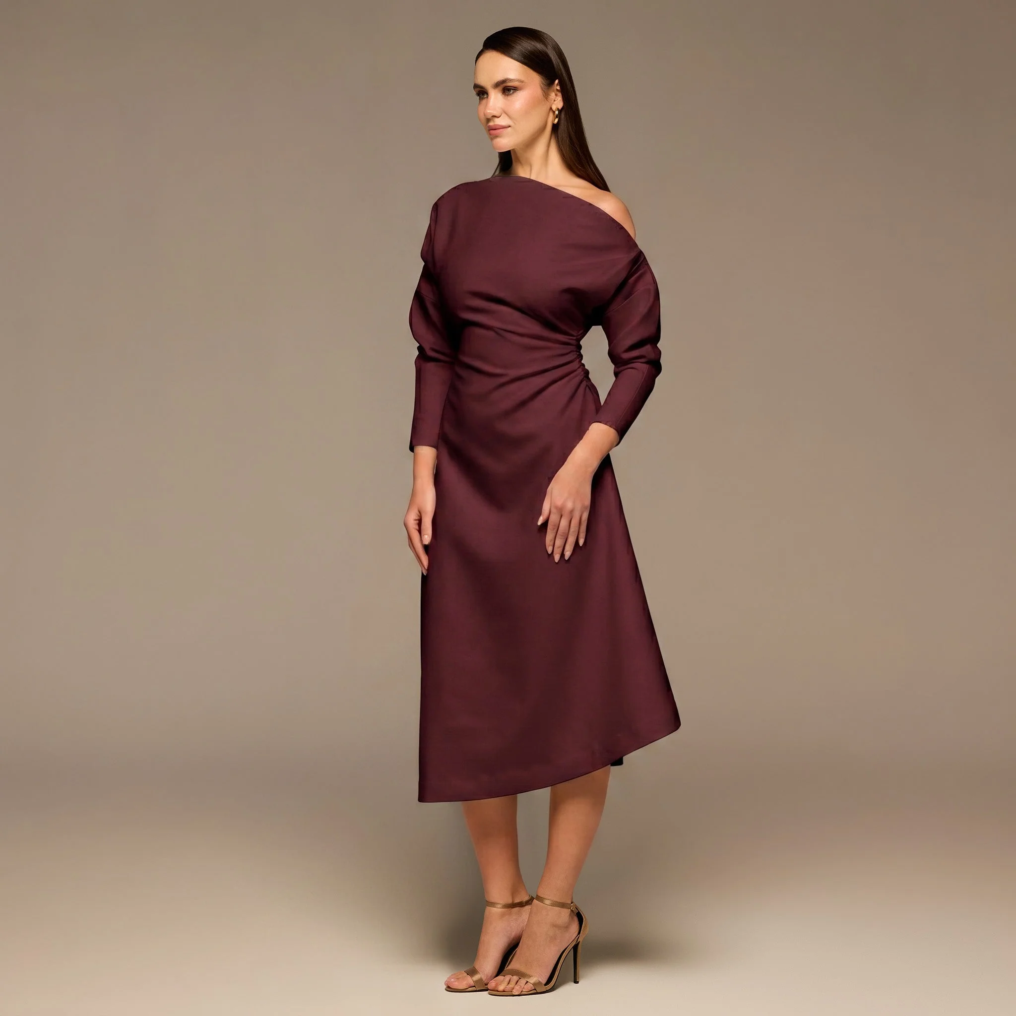 Burgundy Asymmetric Off Shoulder Maxi Dress - Image 2