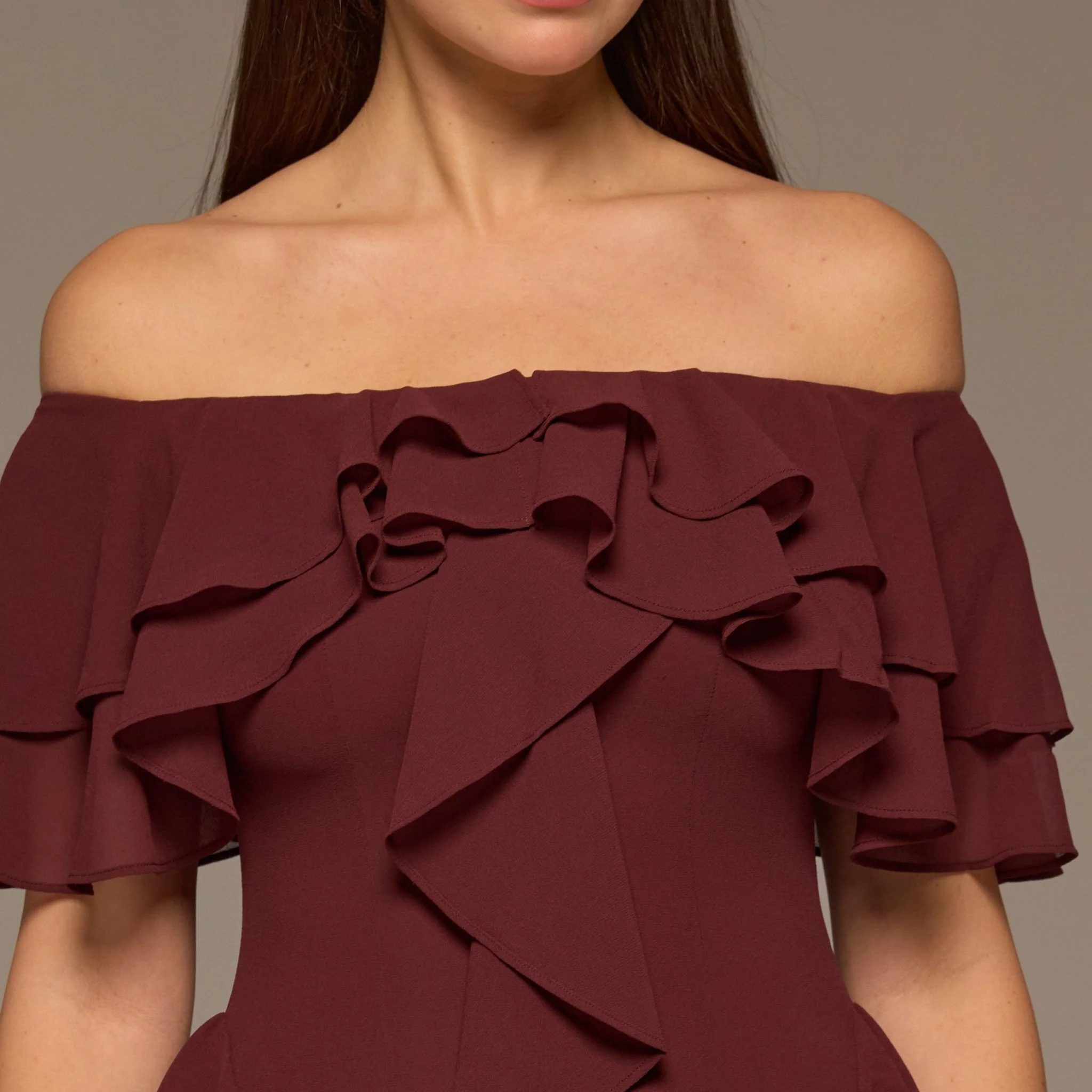 Plum Chiffon Off Shoulder Maxi Dress With Ruffles - Image 3