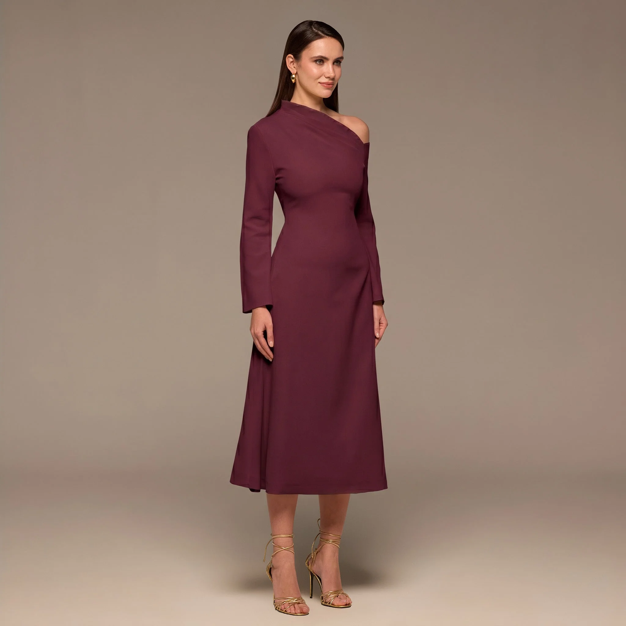Purple Bare Shoulder Crepe Midi Dress - Image 2