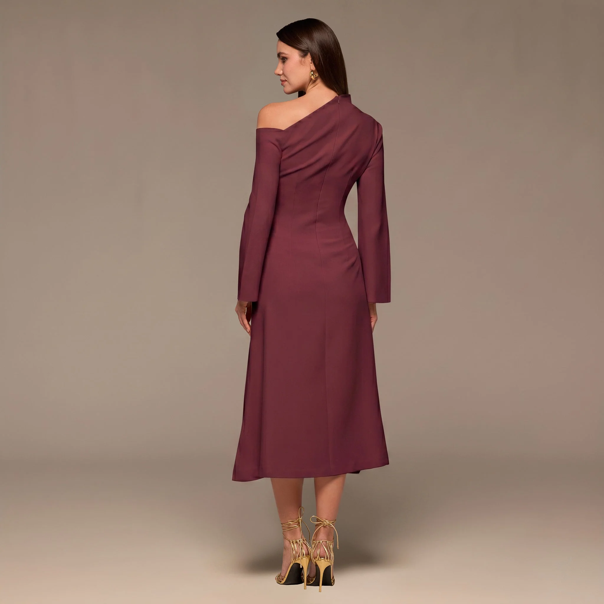 Purple Bare Shoulder Crepe Midi Dress - Image 4