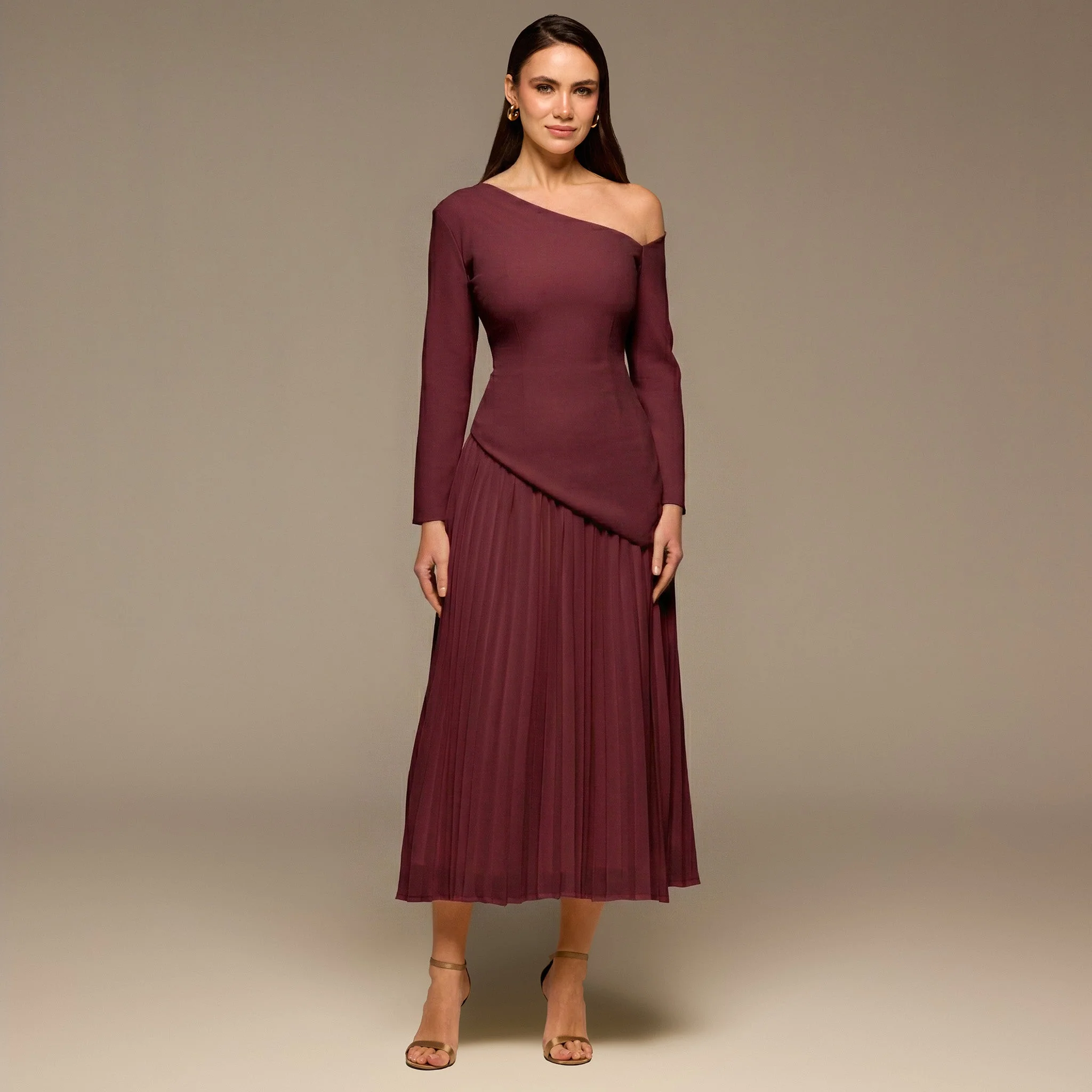 Purple One-shoulder Crepe Dress With Pleated Skirt