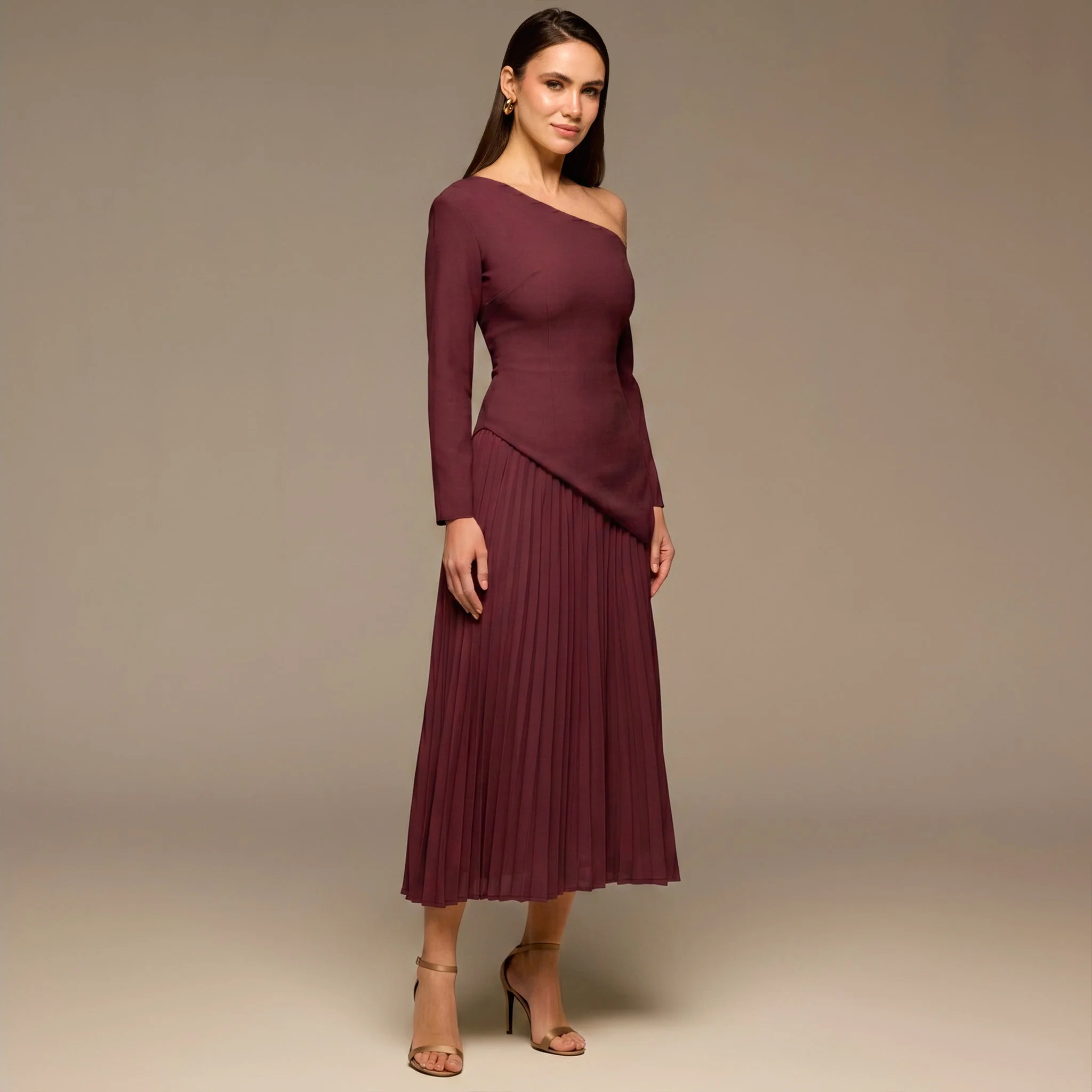 Purple One-shoulder Crepe Dress With Pleated Skirt - Image 3