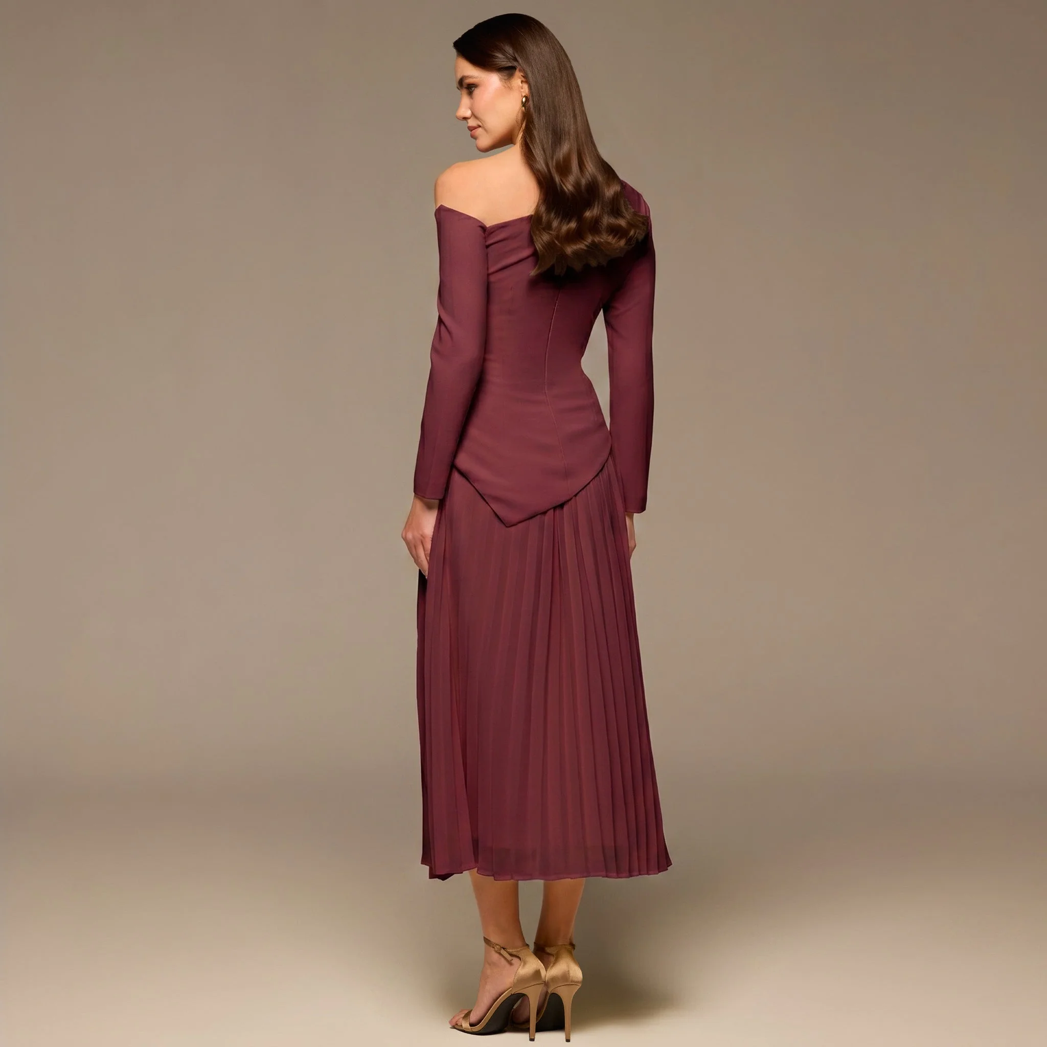 Purple One-shoulder Crepe Dress With Pleated Skirt - Image 4