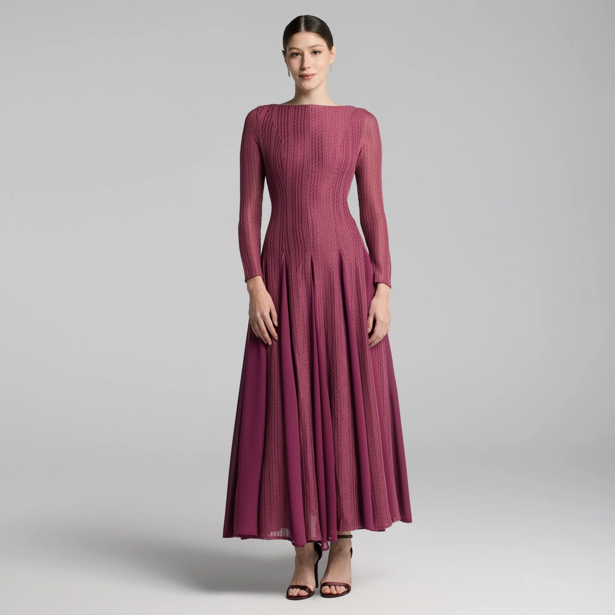 Purple Long Sleeves Godet Maxi Dress