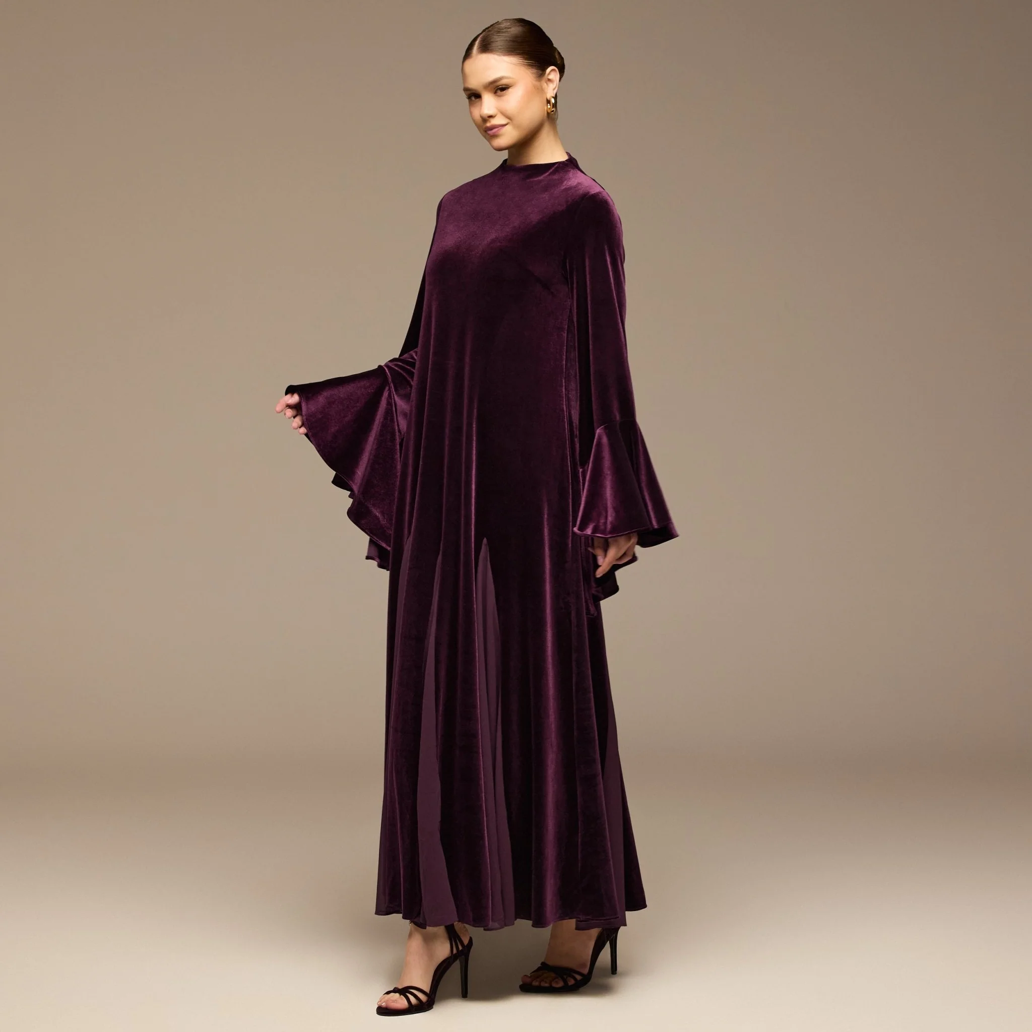 Purple High Neck Velvet Maxi Dress with Flared Sleeves - Image 2
