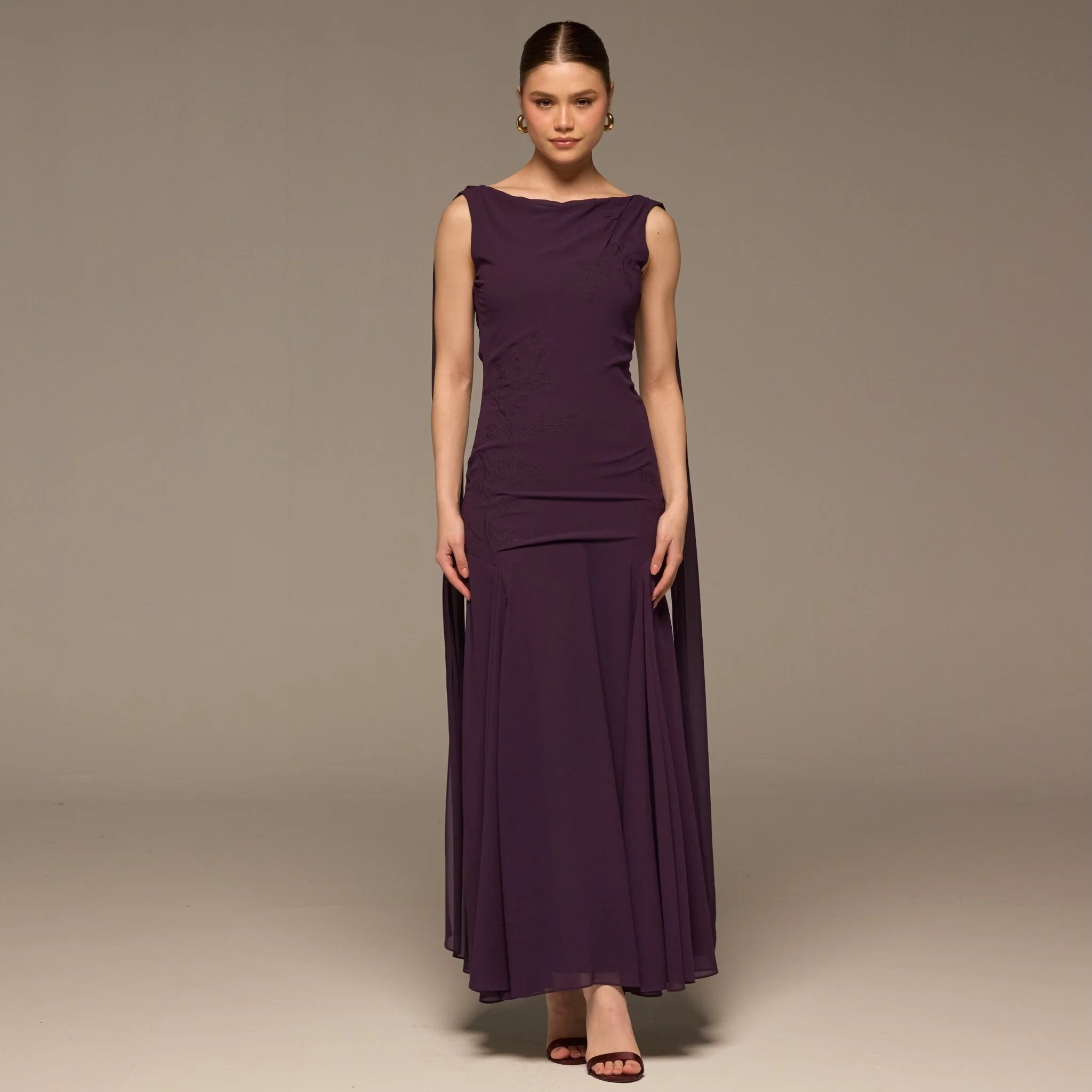 Purple Sleeveless Embroidered Chiffon Maxi Dress