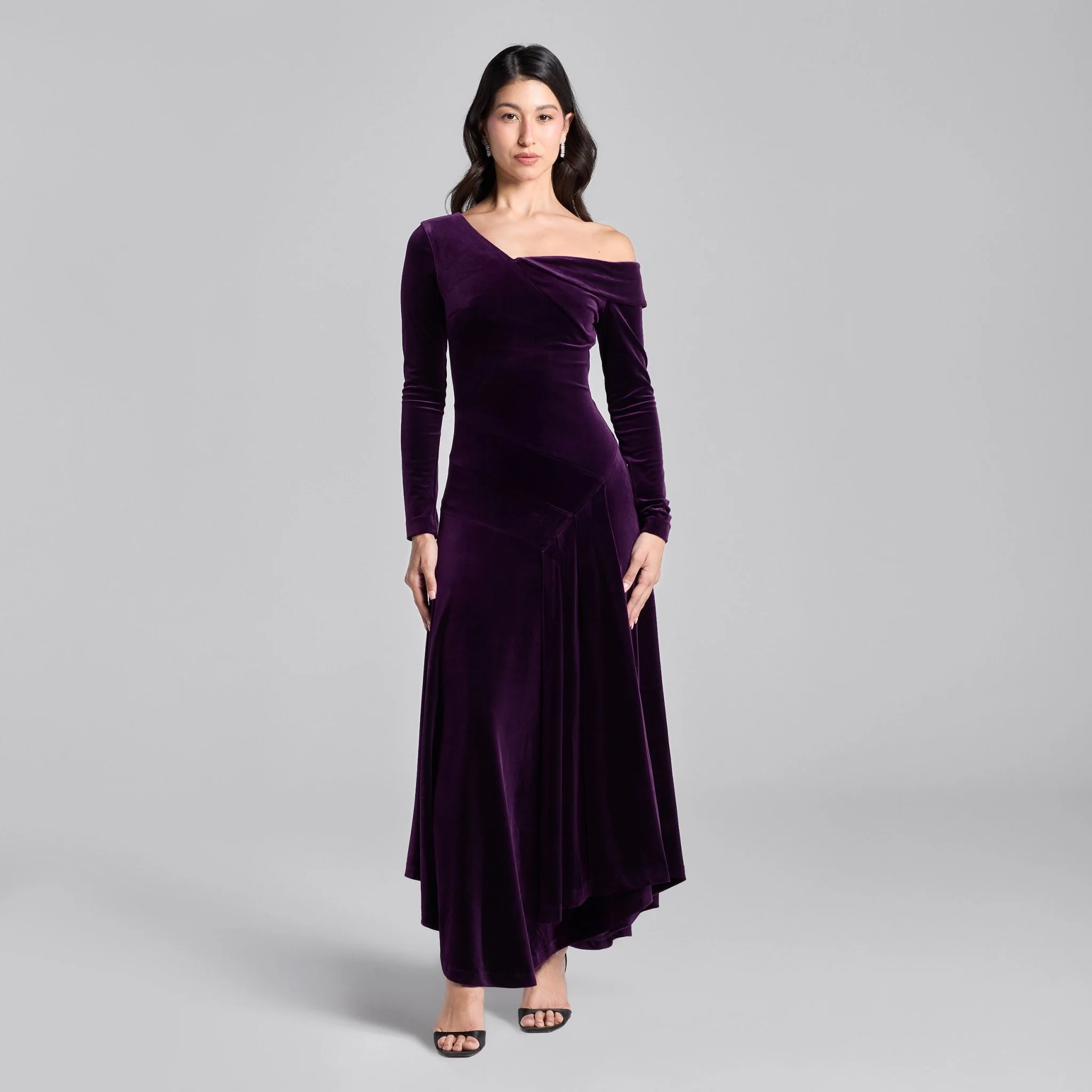 Purple Velvet Asymmetric Neckline Midi Dress