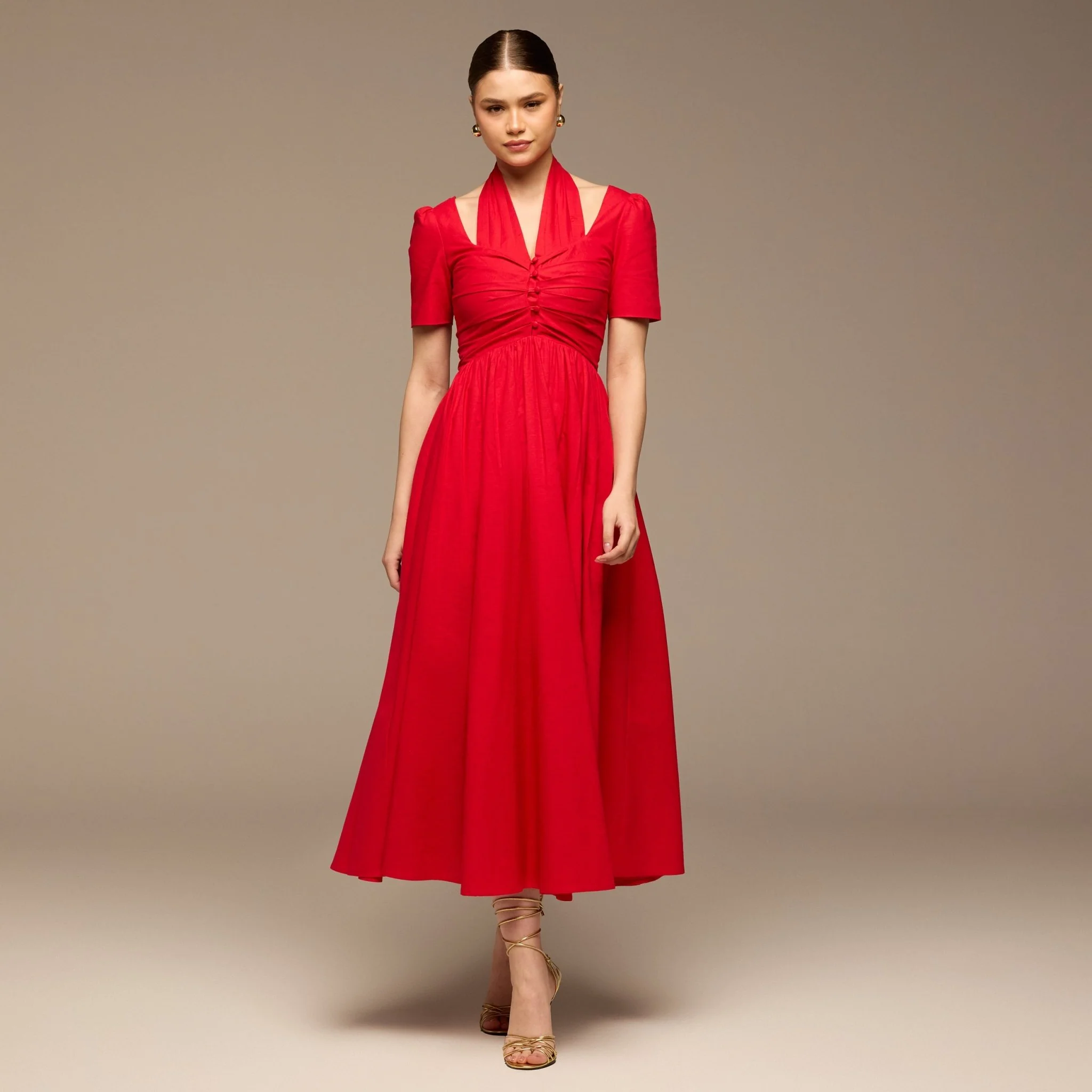 Red Cotton Poplin V-Neck Button-Front Dress