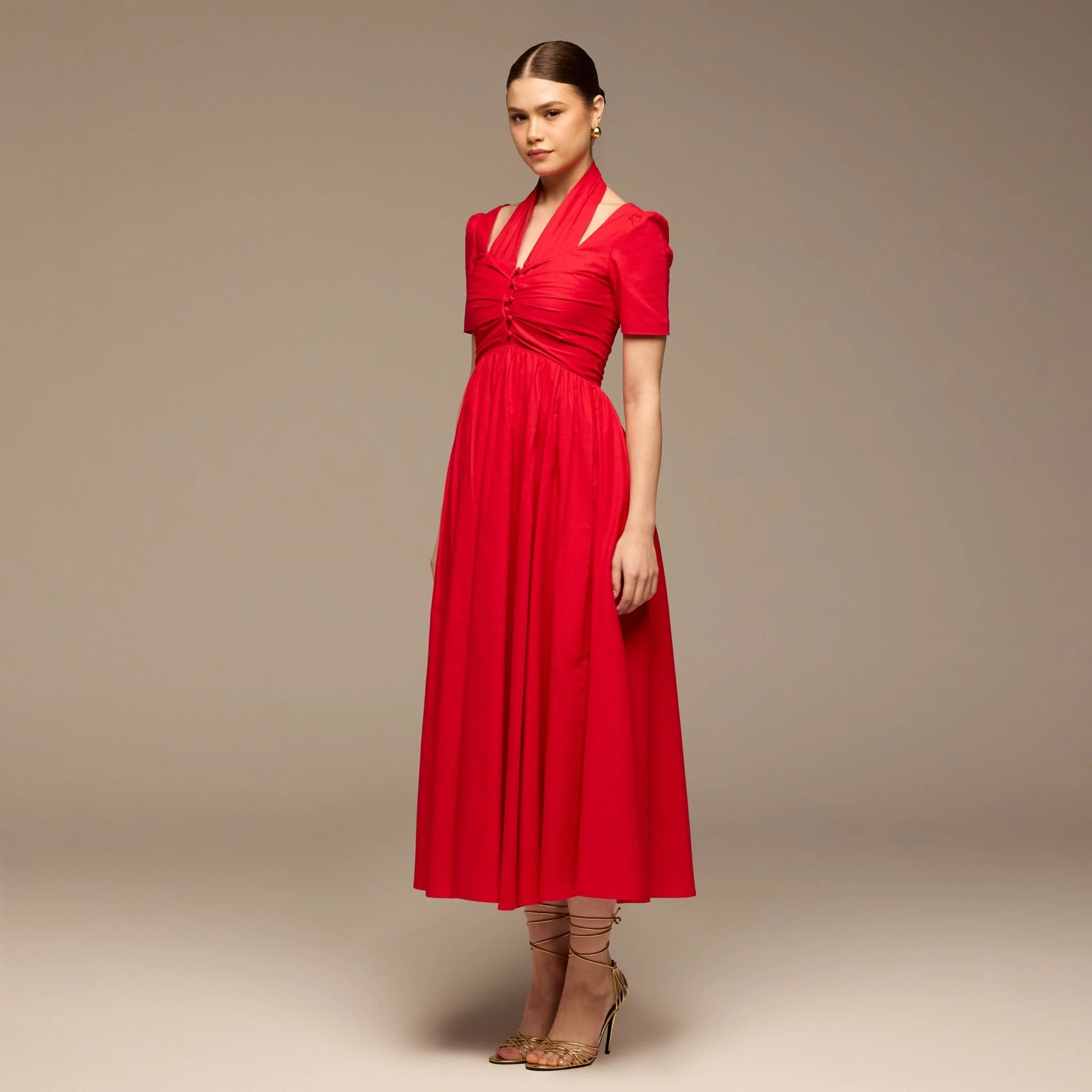 Red Cotton Poplin V-Neck Button-Front Dress - Image 2