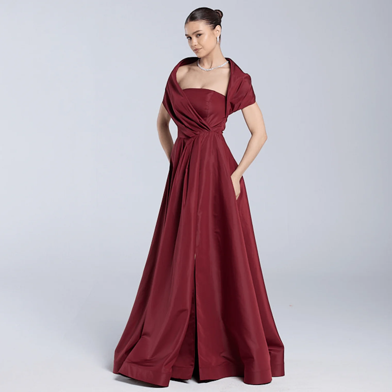 Red Cape Sleeve Taffeta Gown - Image 2