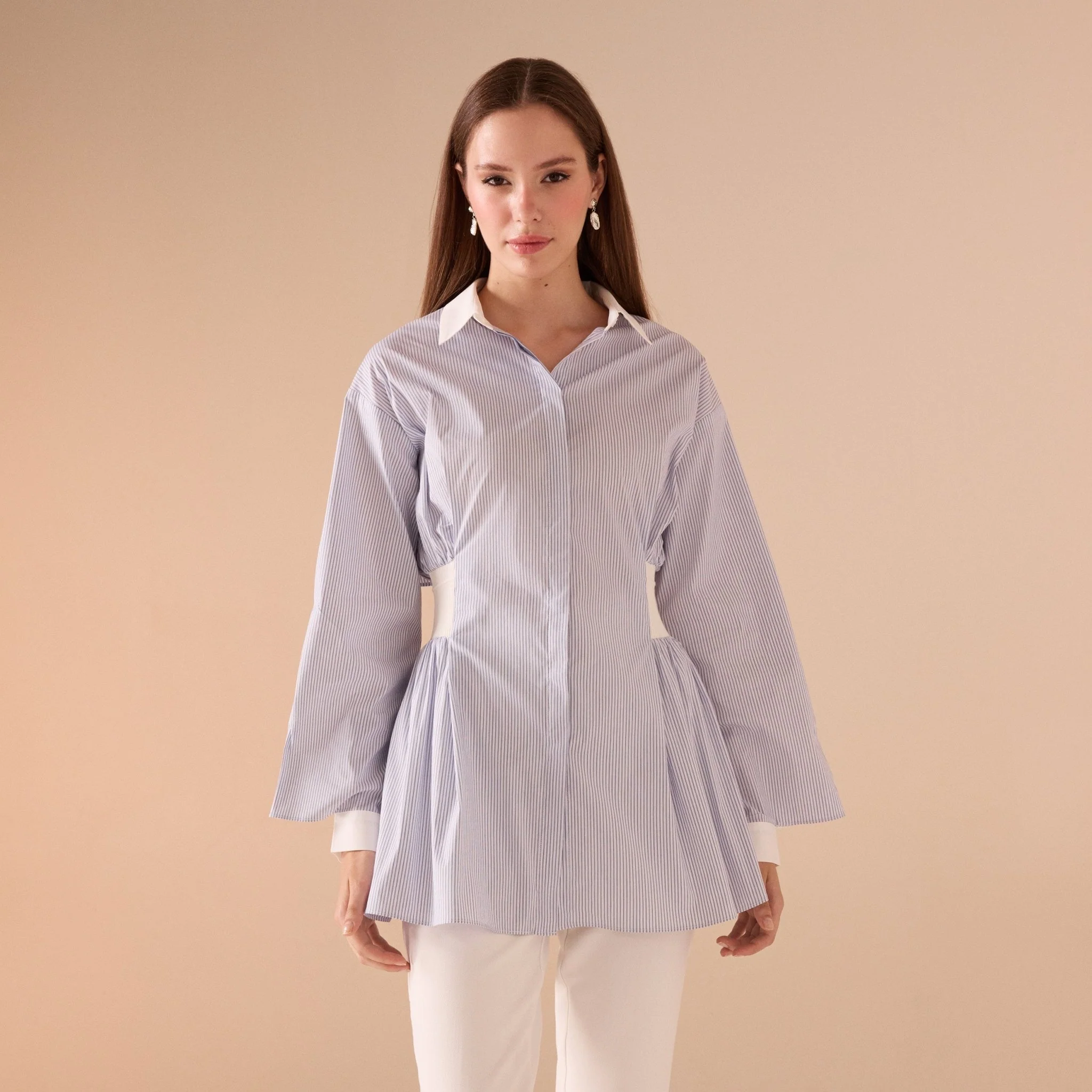 Baby Blue Ribbed Detailed Cotton Shirt