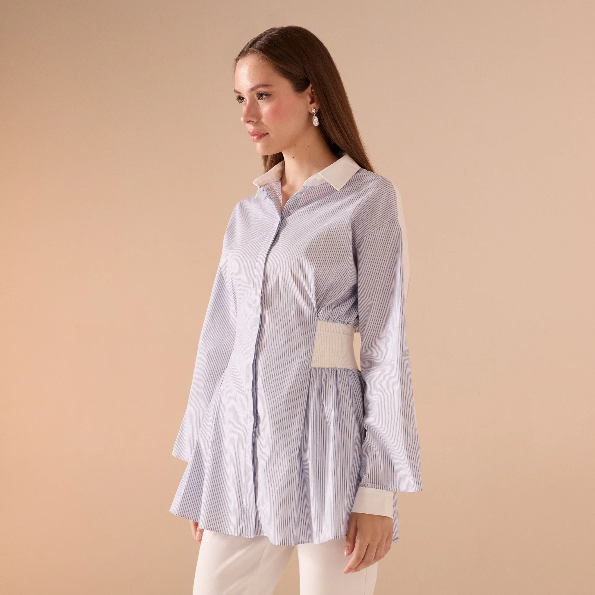 Baby Blue Ribbed Detailed Cotton Shirt - Image 2