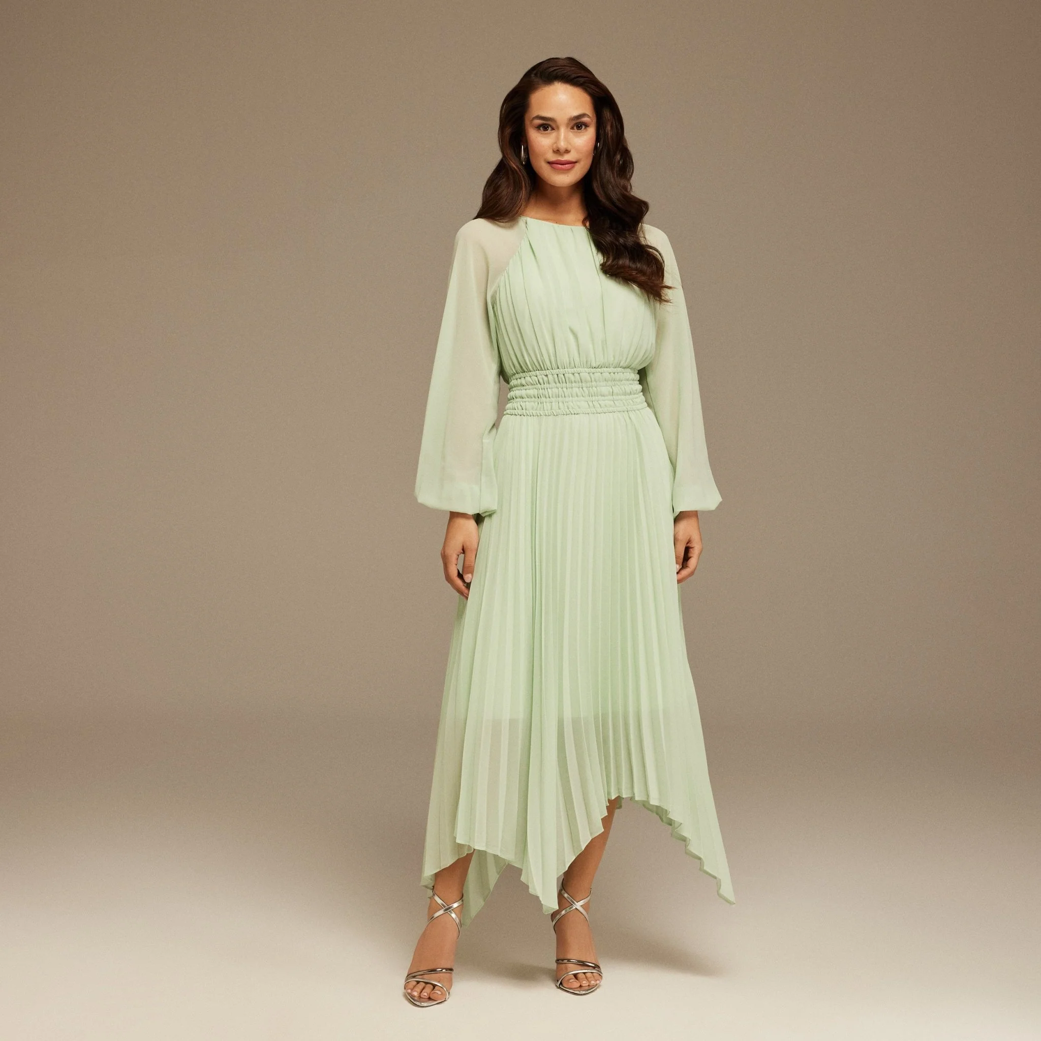 Mint Green Pink Chiffon Pleated Midi Dress