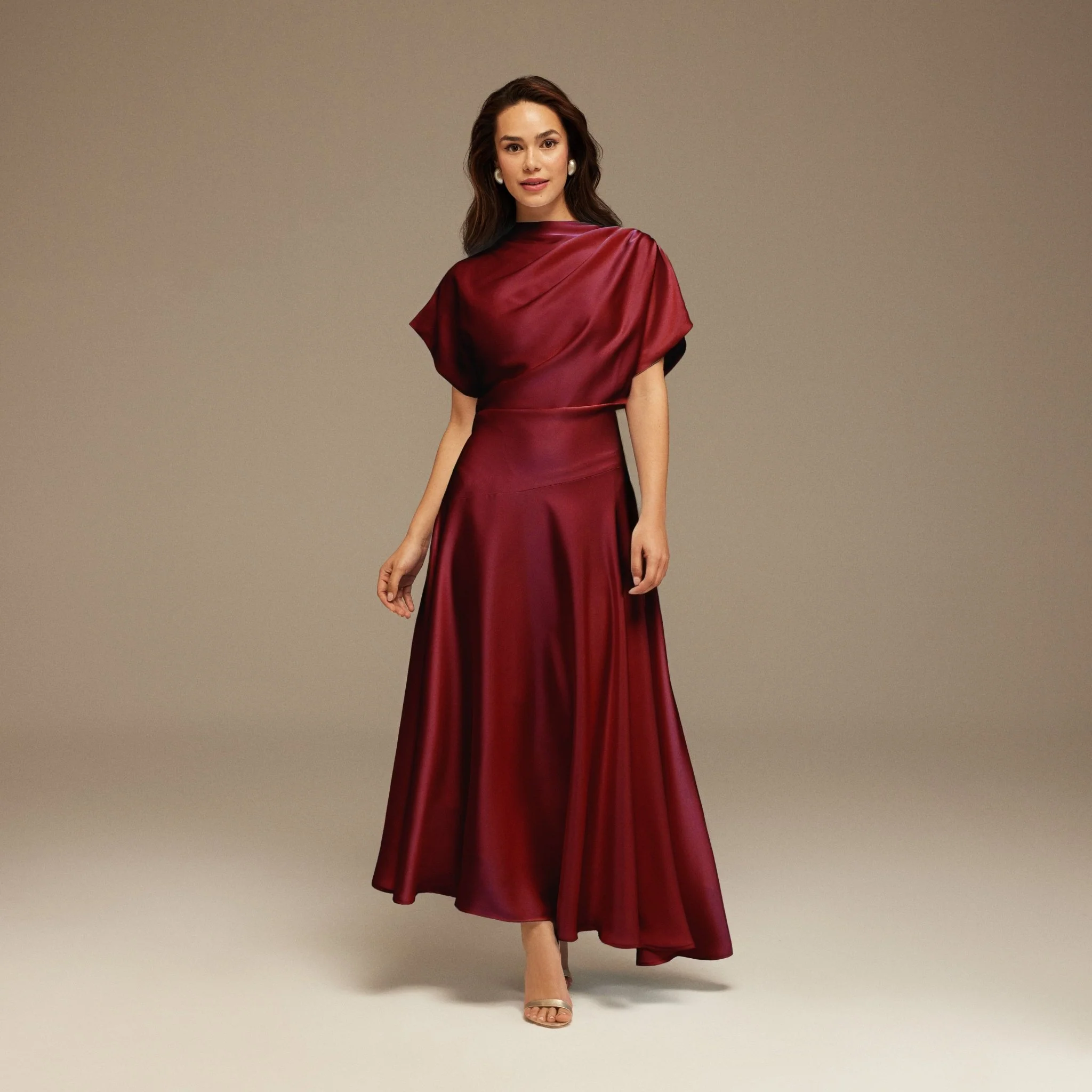 Burgundy Short Sleeve Asymmetric Satin Dress
