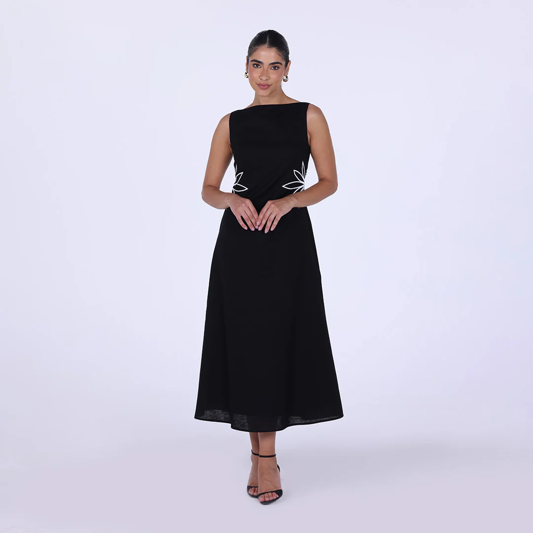 Sleeveless A-line midi dress with waist embroidery - Image 6