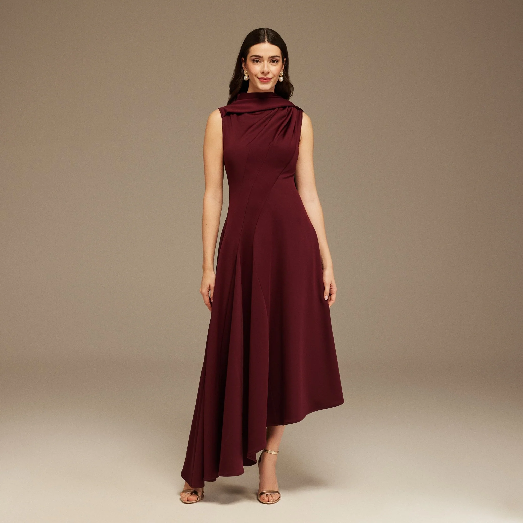 Plum Sleeveless Aline Midi Dress With Shoulder Scarf