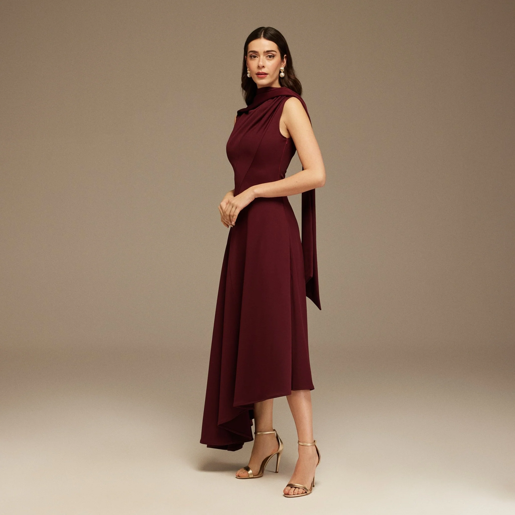 Plum Sleeveless Aline Midi Dress With Shoulder Scarf - Image 2