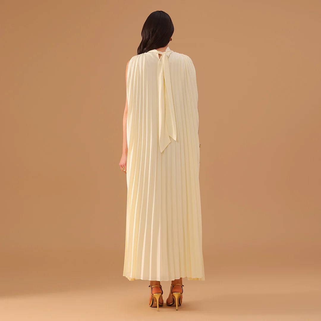 Beige Sleeveless Chiffon Pleated Dress - Image 5