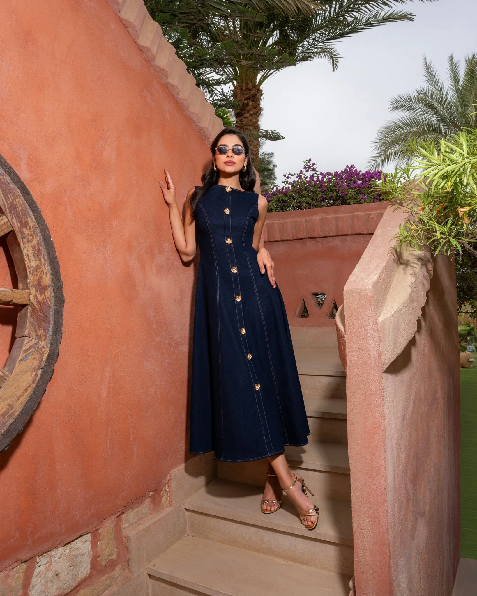 Sleeveless Denim A-Line Midi Dress with Decorative Buttons