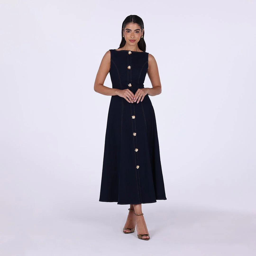 Sleeveless Denim A-Line Midi Dress with Decorative Buttons - Image 2