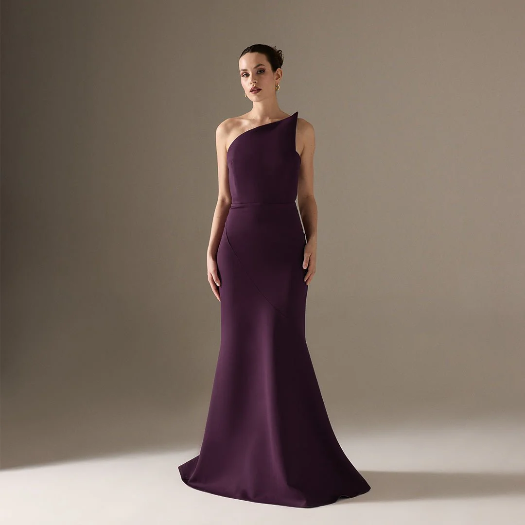 Plum Sleeveless Crepe Gown with Detailed Top