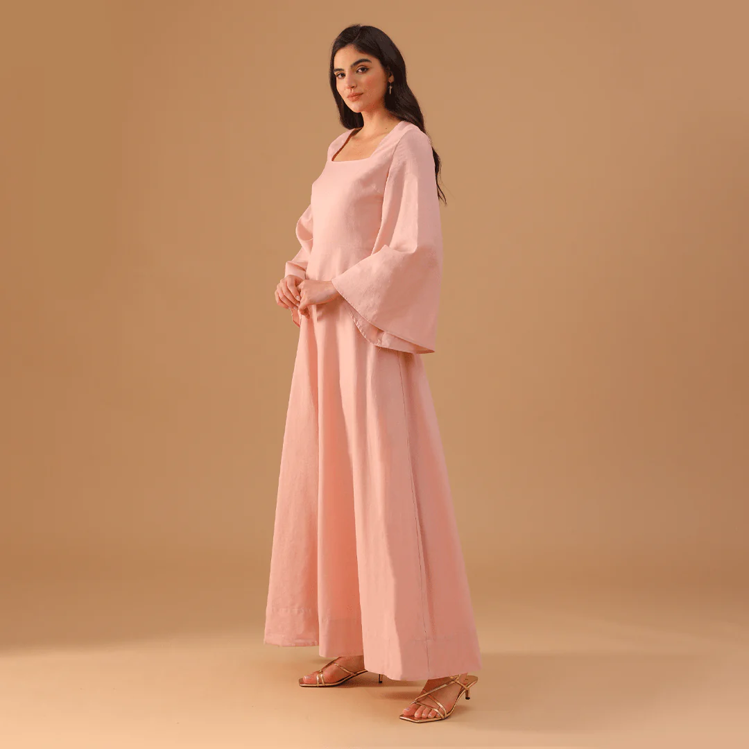 Linen Square Neck Long Flared Sleeve Dress - Image 2
