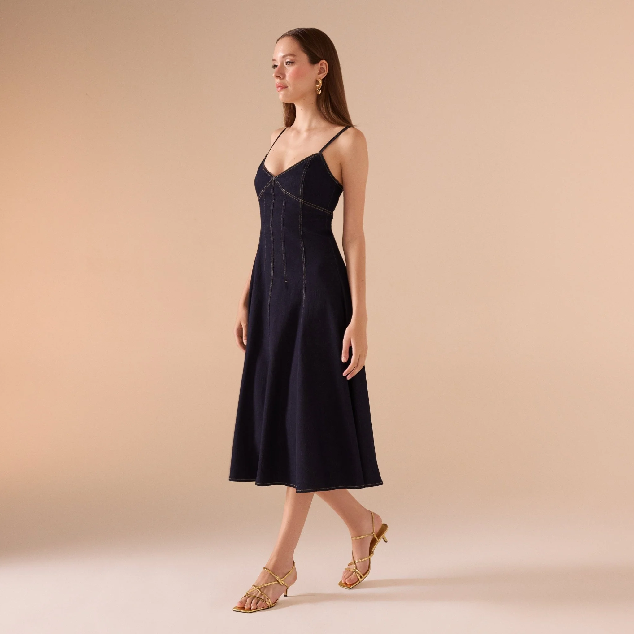 Strapped A-line Black Denim Midi Dress - Image 2
