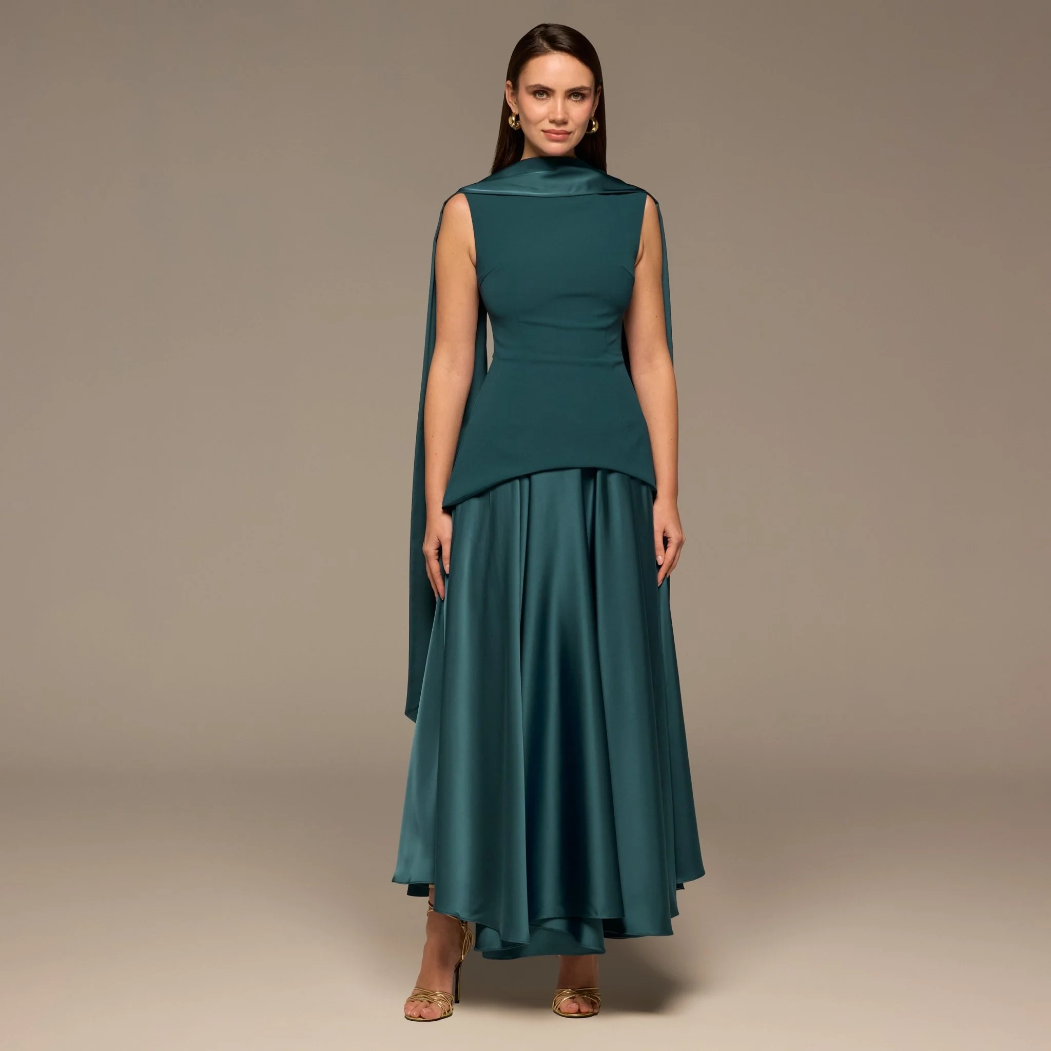 Teal Satin & Crepe Maxi Dress with Back Scarf