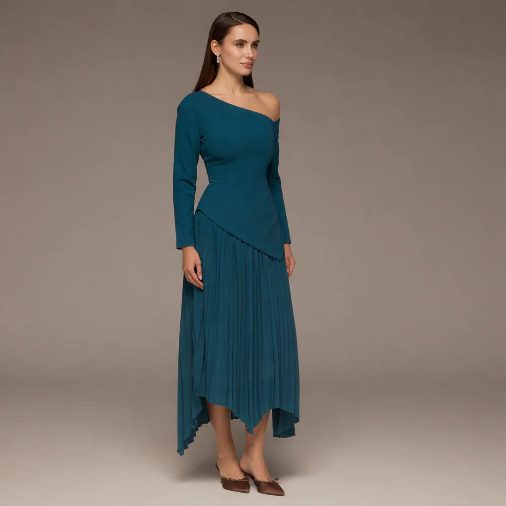 Teal One-shoulder Crepe Dress With Pleated Skirt - Image 2