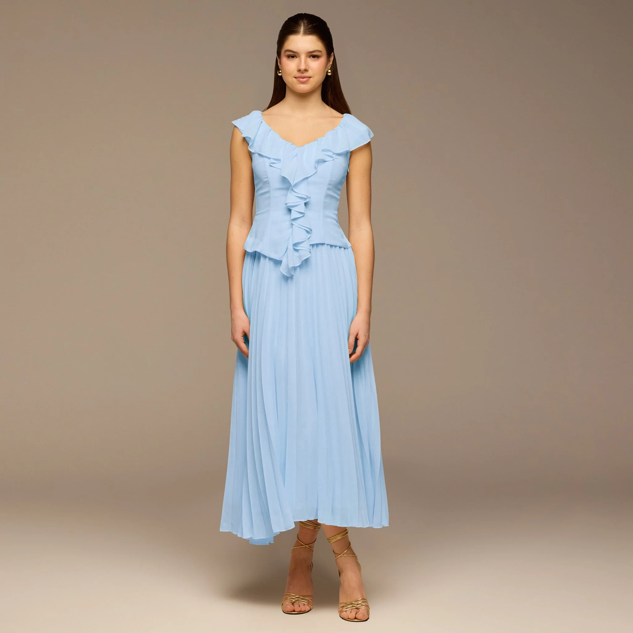 Teal Ruffle Neck Pleated Chiffon Dress