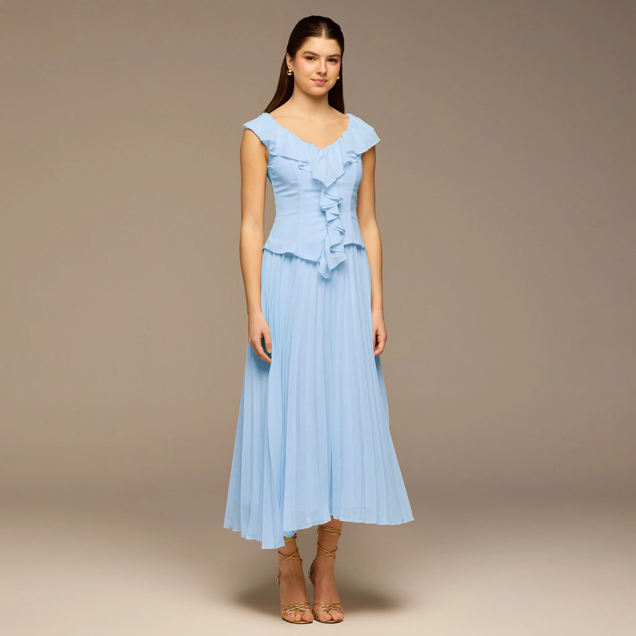 Teal Ruffle Neck Pleated Chiffon Dress - Image 2