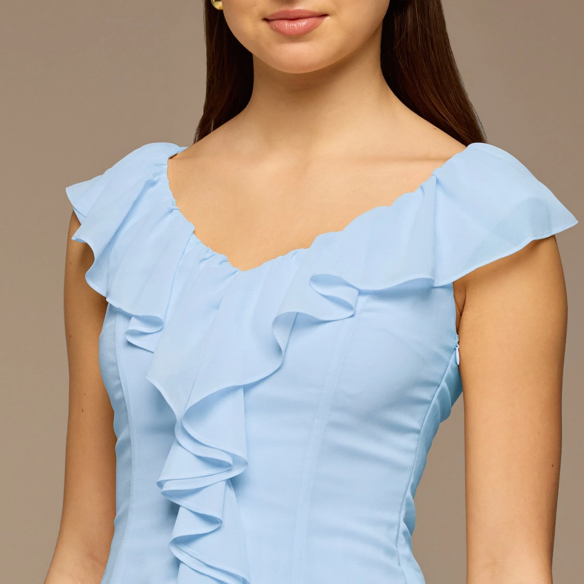 Teal Ruffle Neck Pleated Chiffon Dress - Image 3