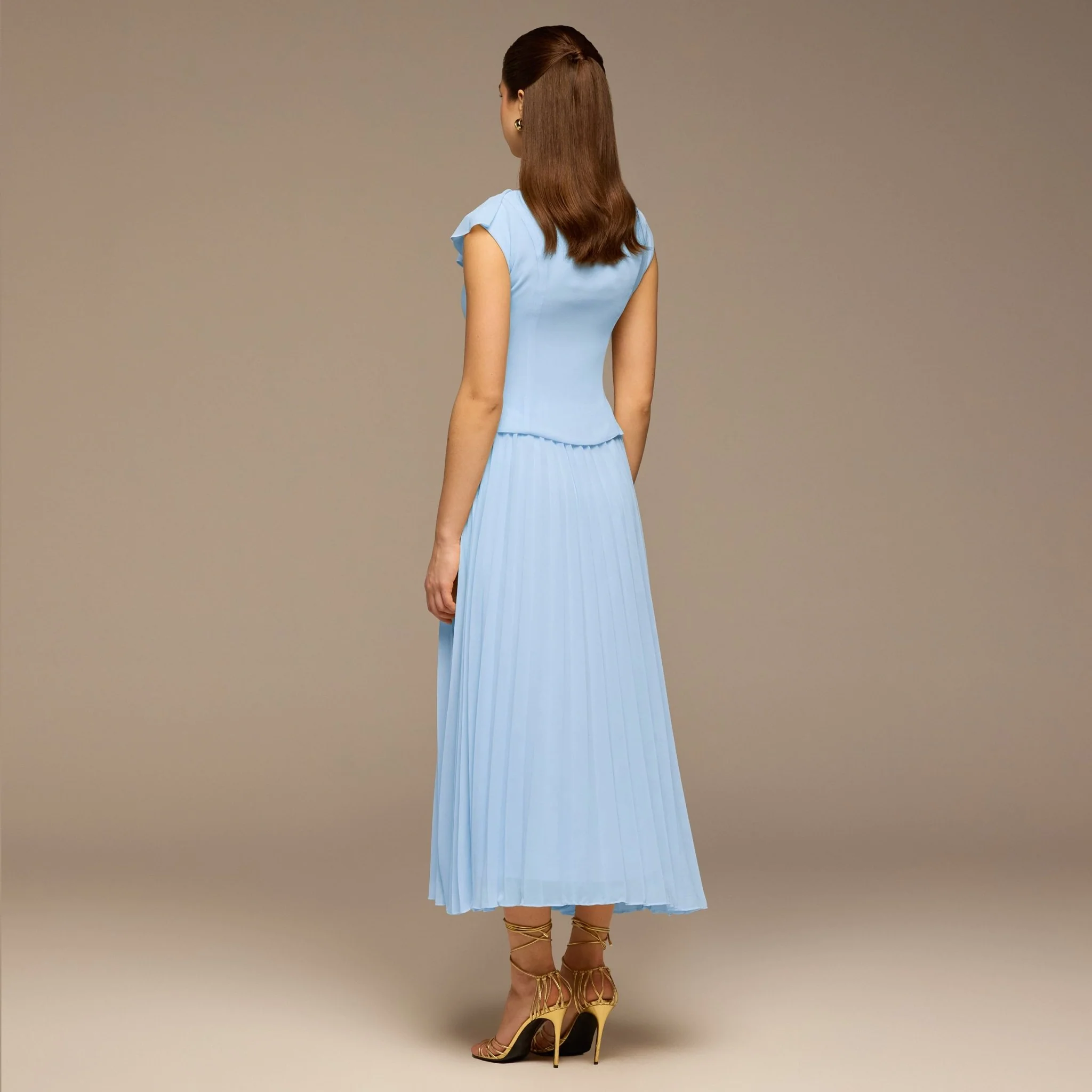 Teal Ruffle Neck Pleated Chiffon Dress - Image 4