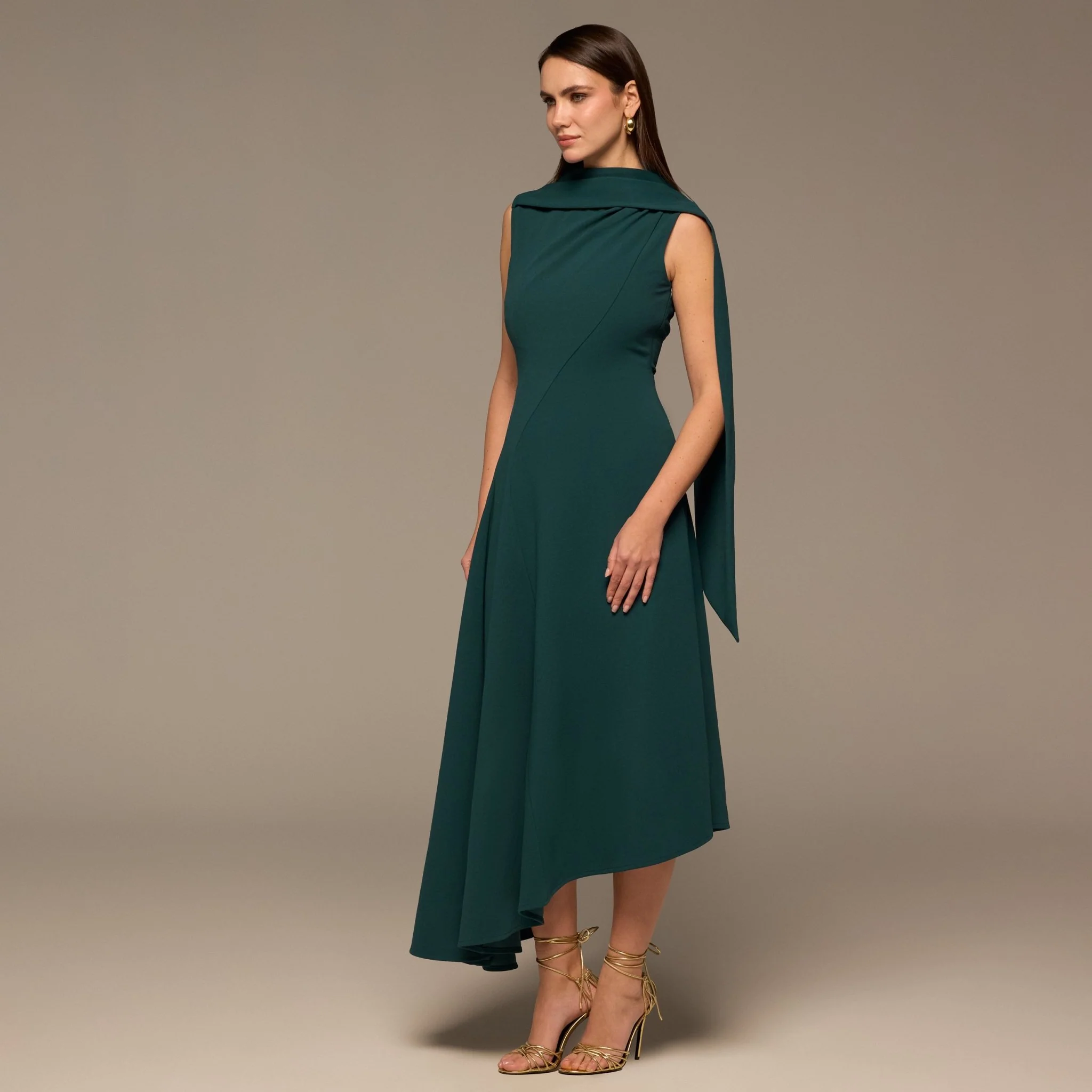 Teal Shoulder Scarf Asymmetric Midi Dress - Image 2
