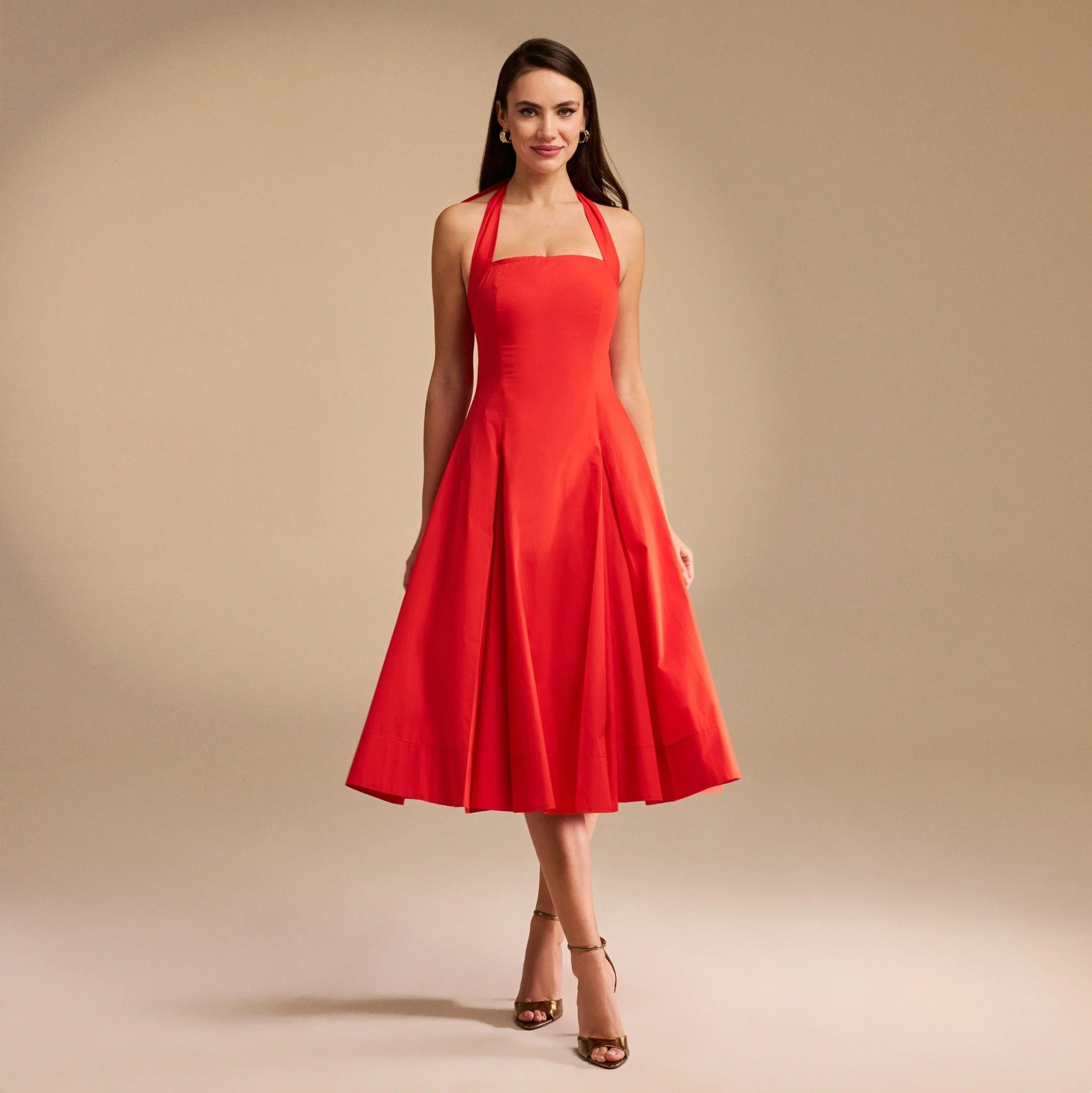 Tie Halter Neck A-Line Poplin Midi Dress
