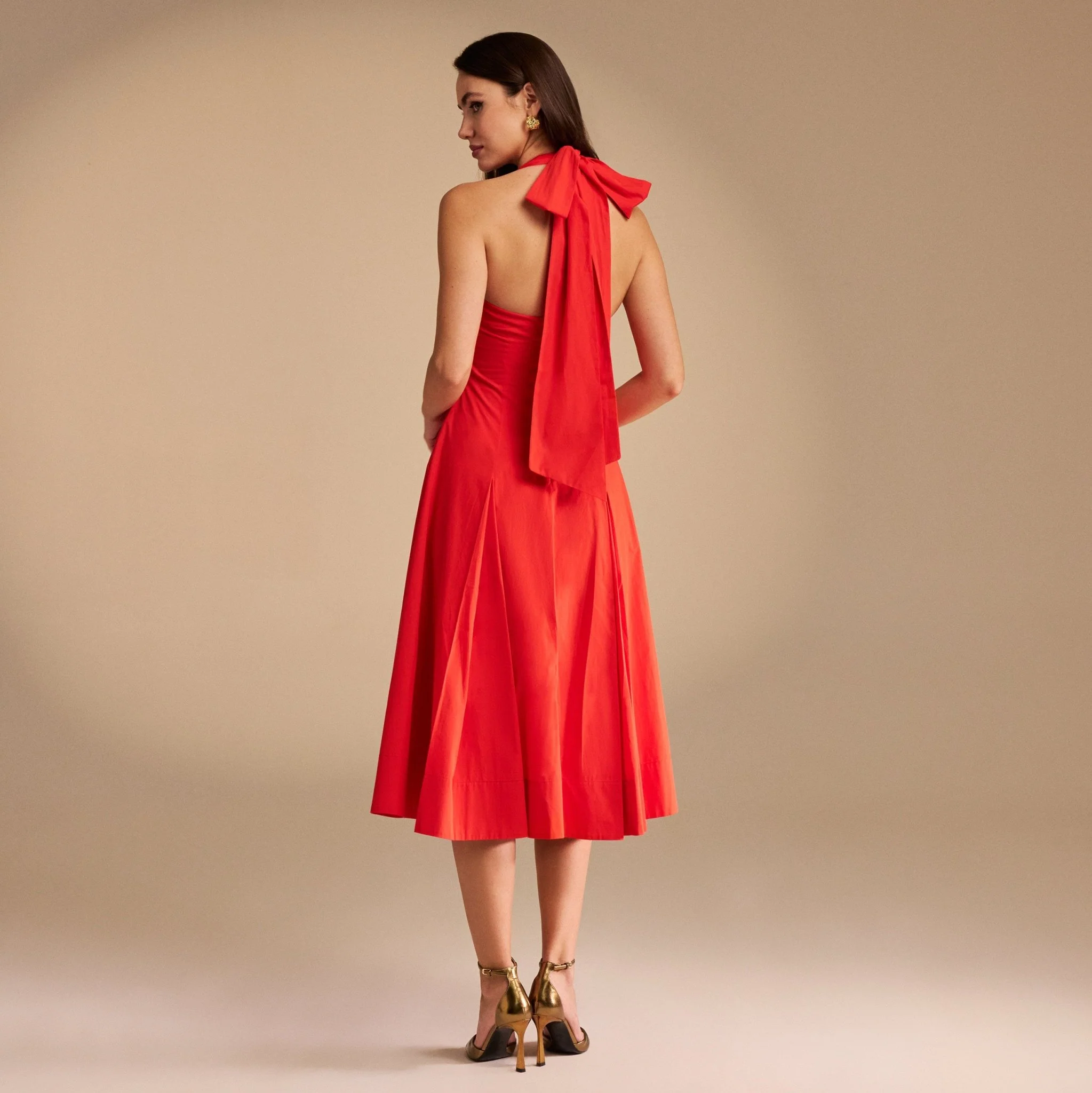 Tie Halter Neck A-Line Poplin Midi Dress - Image 2