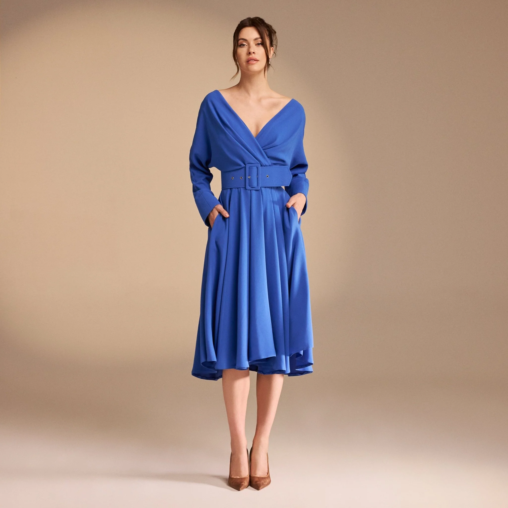 Blue V-Neck Long Sleeve Midi Dress