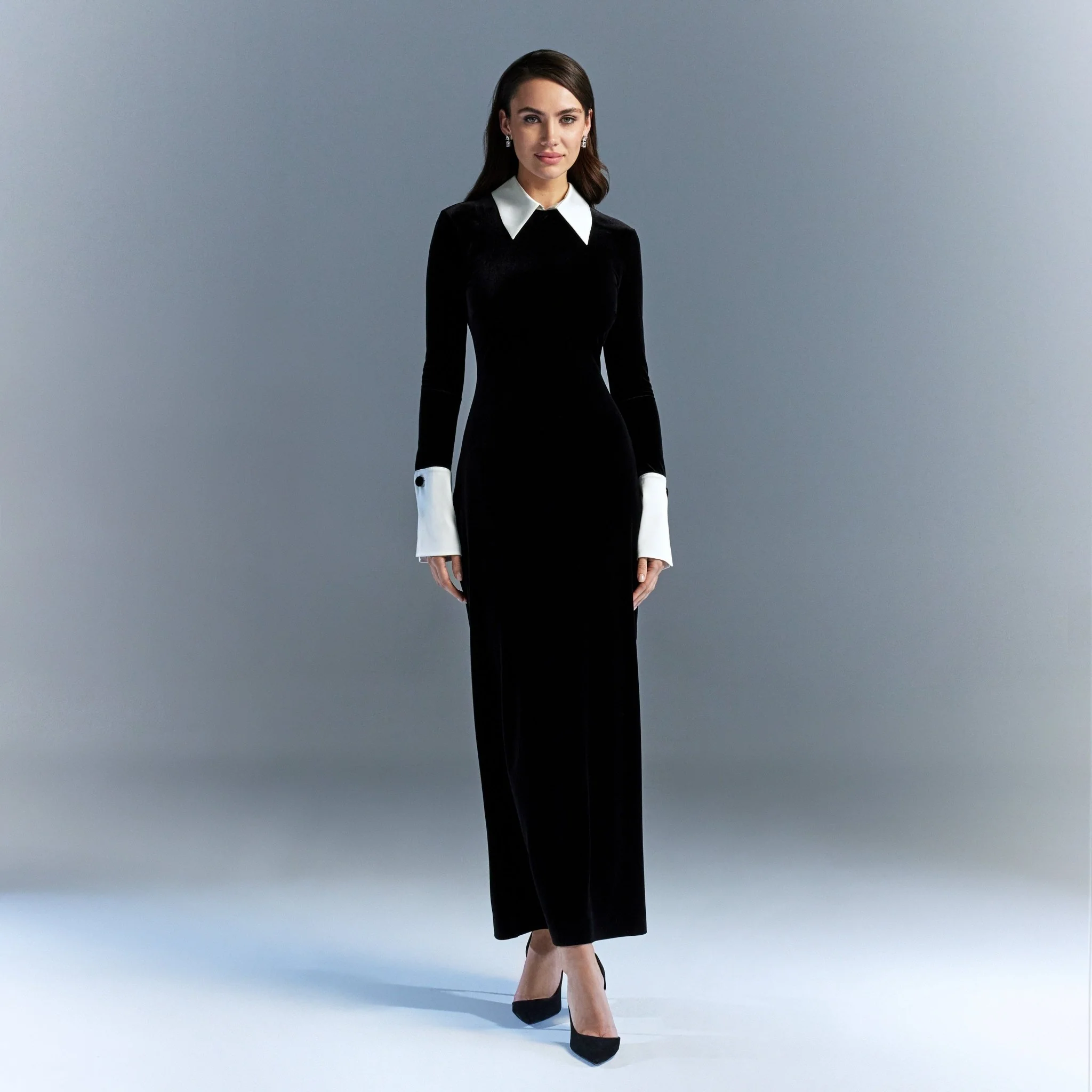 Black Velvet Maxi Dress with White Collar