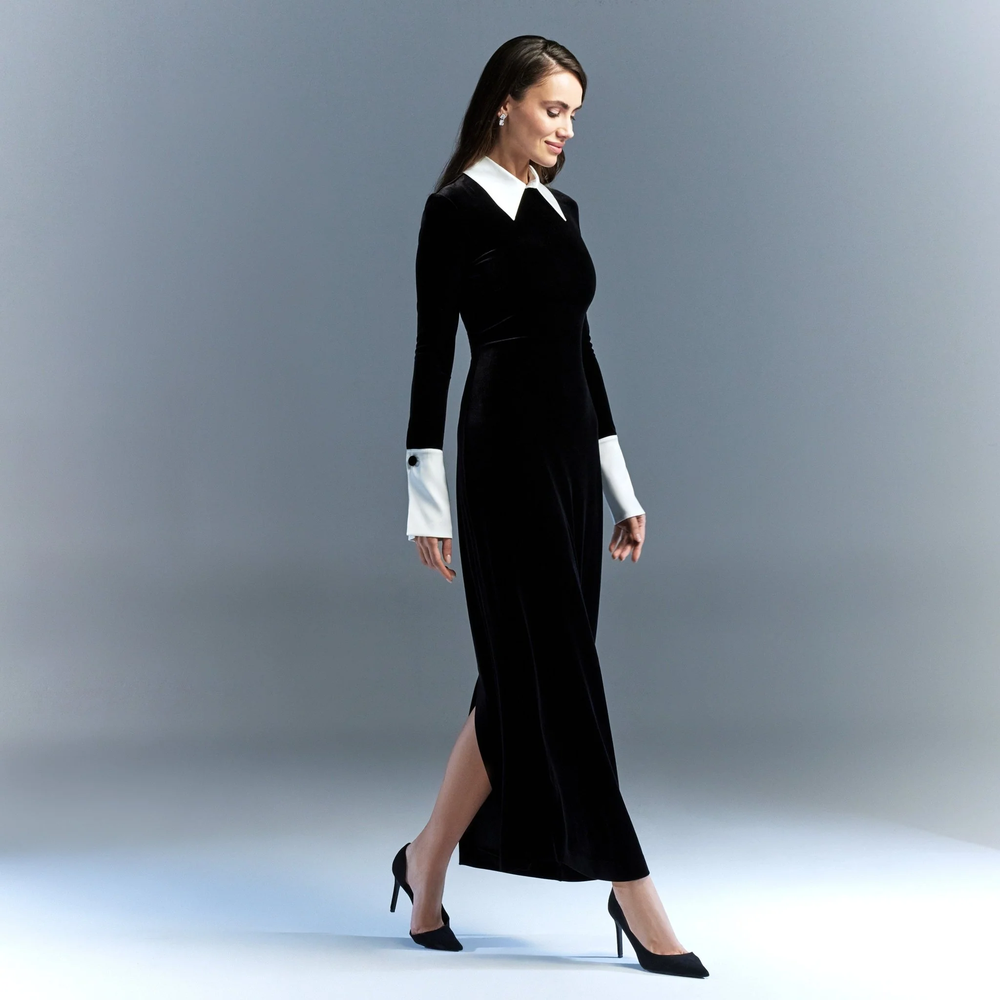 Black Velvet Maxi Dress with White Collar - Image 2